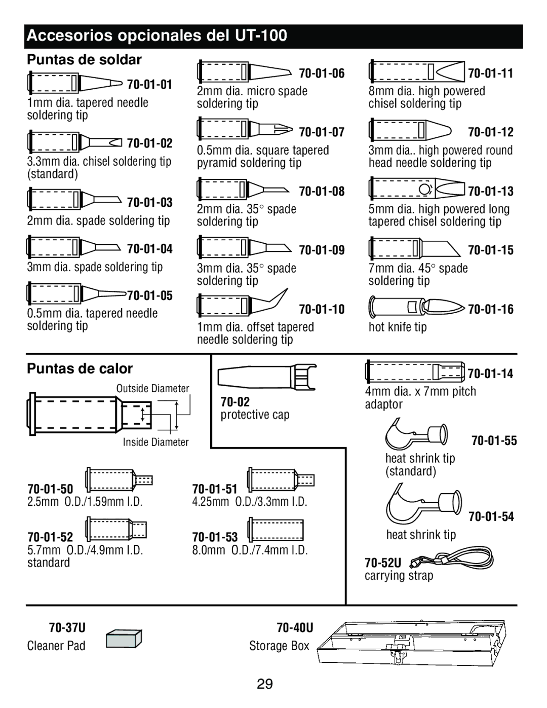 Master Appliance UT-200 instruction manual Accesorios opcionales del UT-100, Puntas de soldar, Puntas de calor 