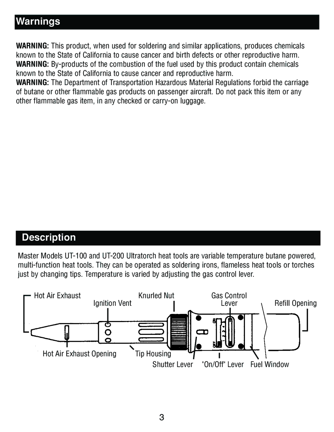 Master Appliance UT-100 Description, Hot Air Exhaust Knurled Nut, Ignition Vent, Hot Air Exhaust Opening Tip Housing 