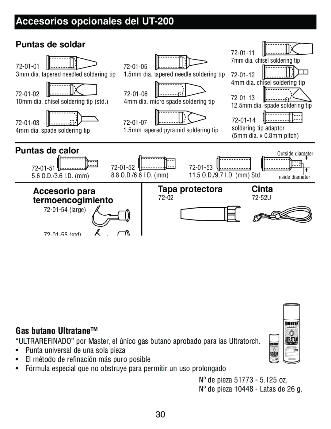 Master Appliance UT-100 instruction manual Accesorios opcionales del UT-200, Gas butano Ultratane 