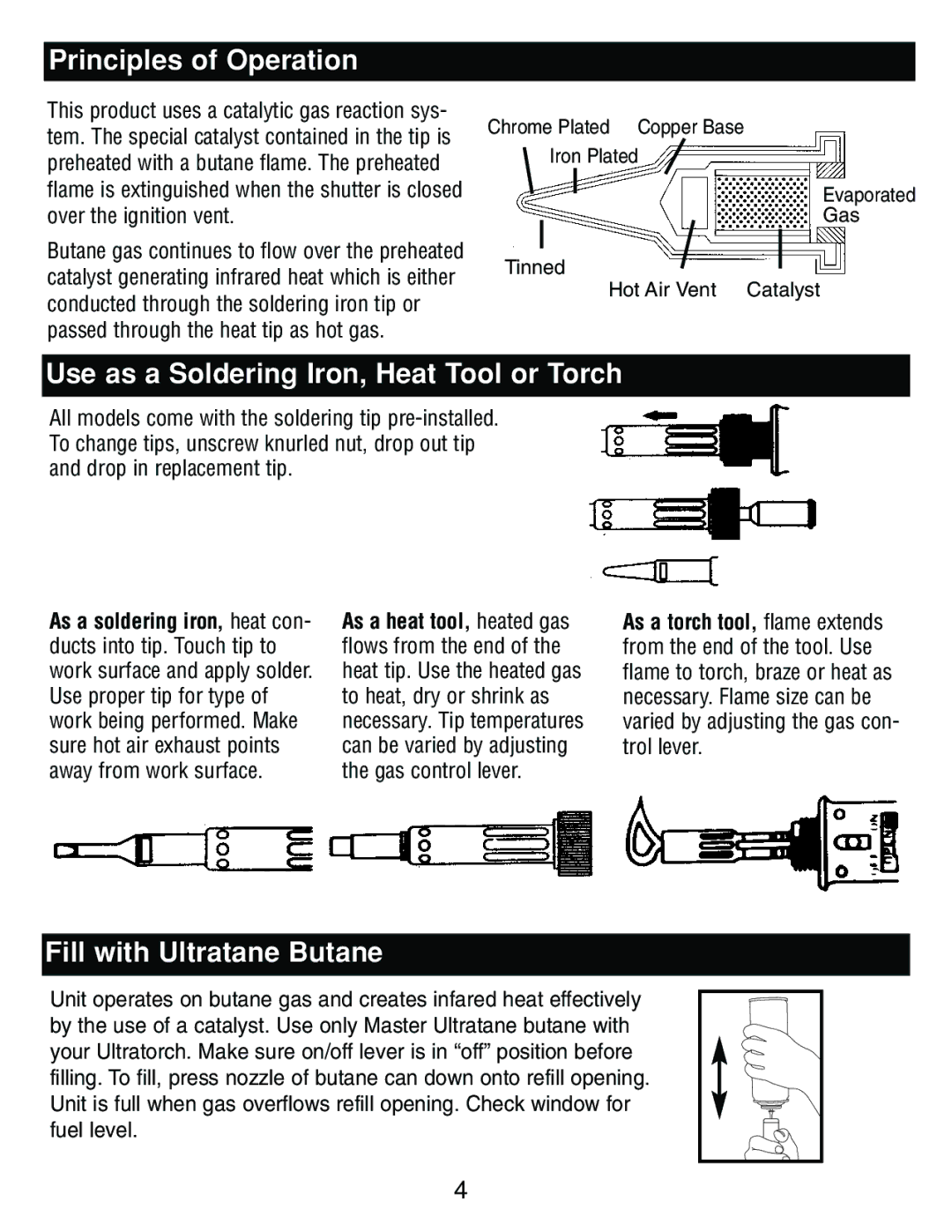 Master Appliance UT-200 Principles of Operation, Use as a Soldering Iron, Heat Tool or Torch, Fill with Ultratane Butane 