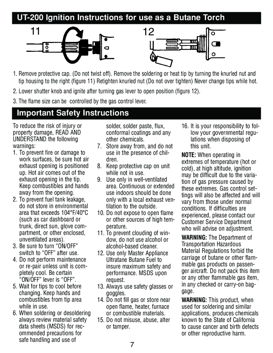 Master Appliance UT-100 UT-200 Ignition Instructions for use as a Butane Torch, Important Safety Instructions 