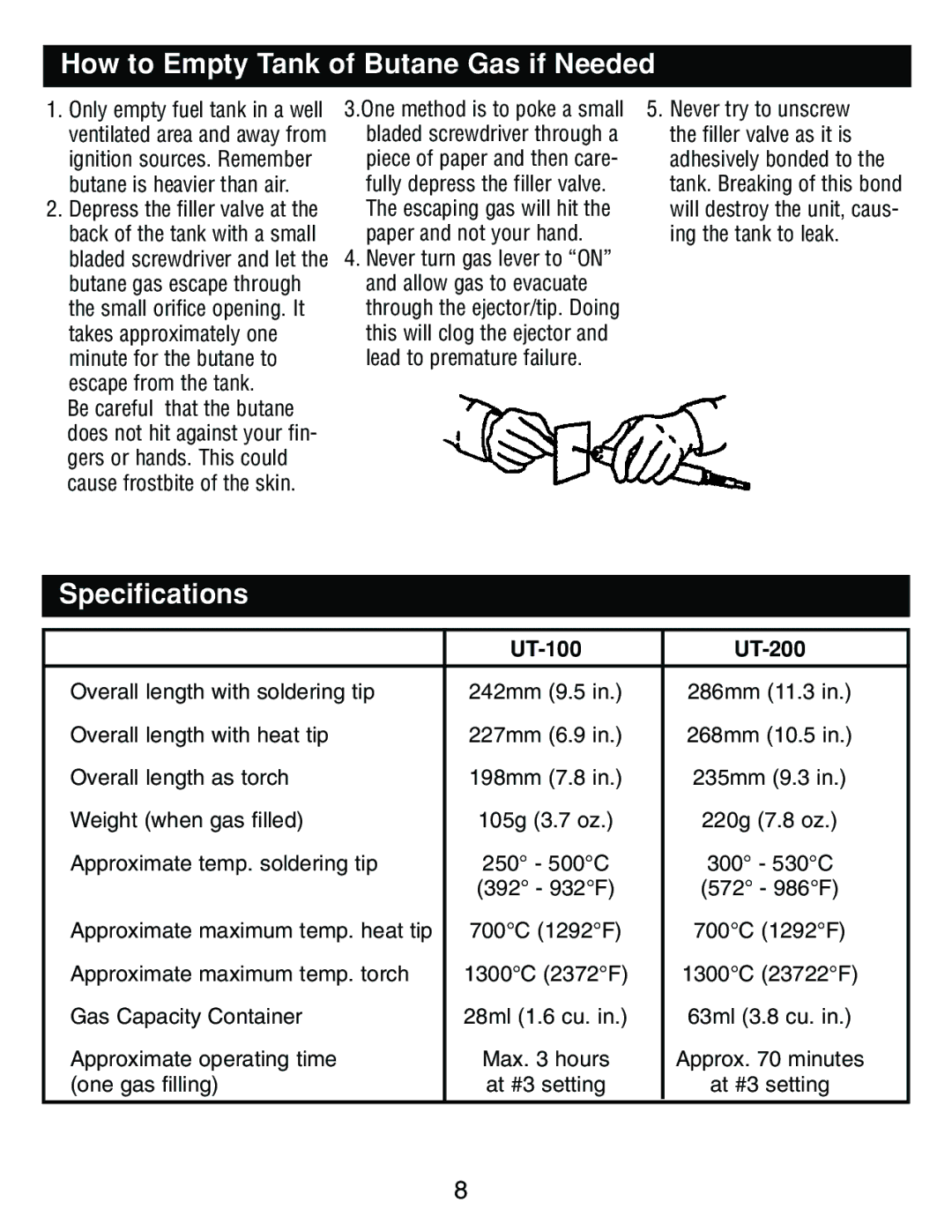 Master Appliance UT-200 How to Empty Tank of Butane Gas if Needed, Specifications, Overall length with soldering tip 242mm 