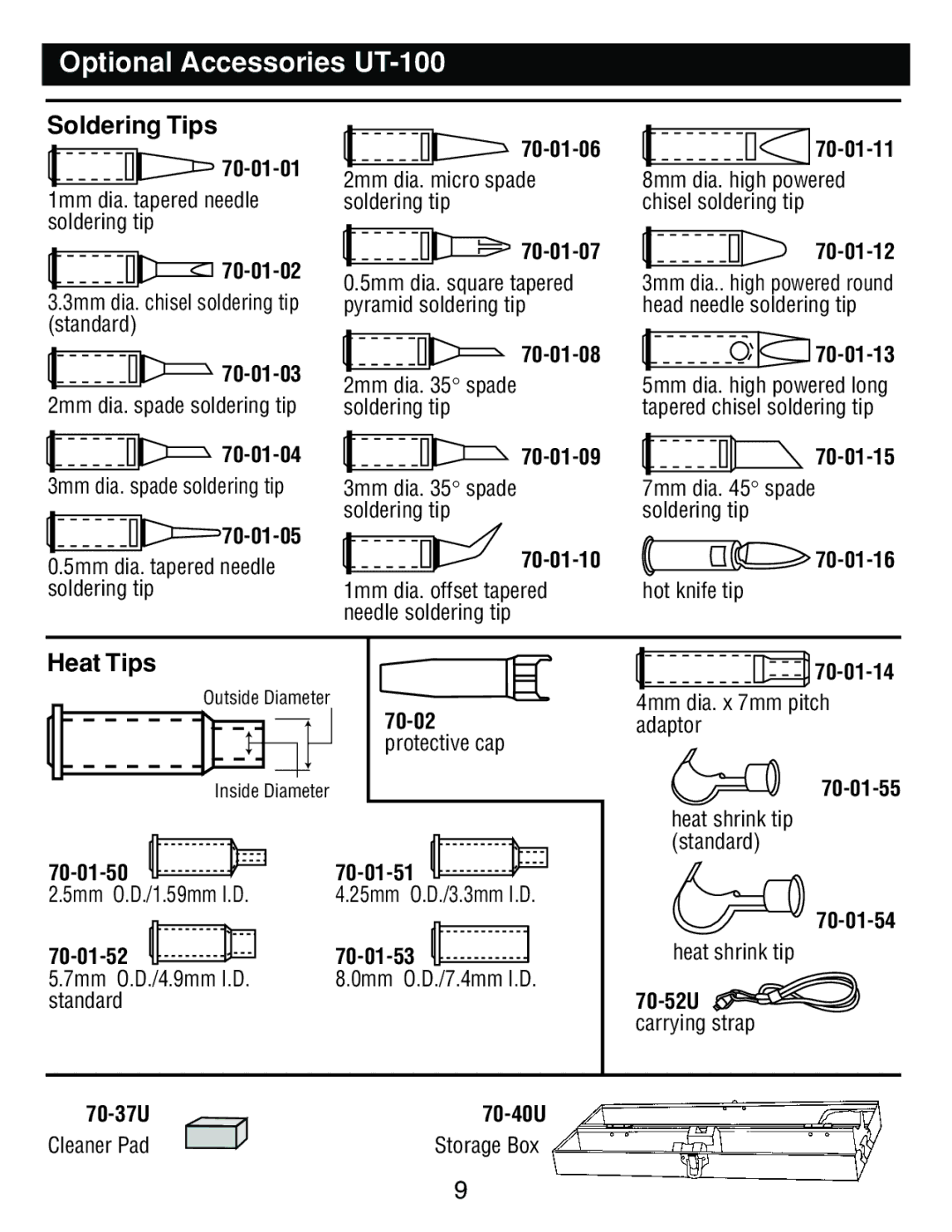 Master Appliance UT-200 instruction manual Optional Accessories UT-100, Soldering Tips, Heat Tips 