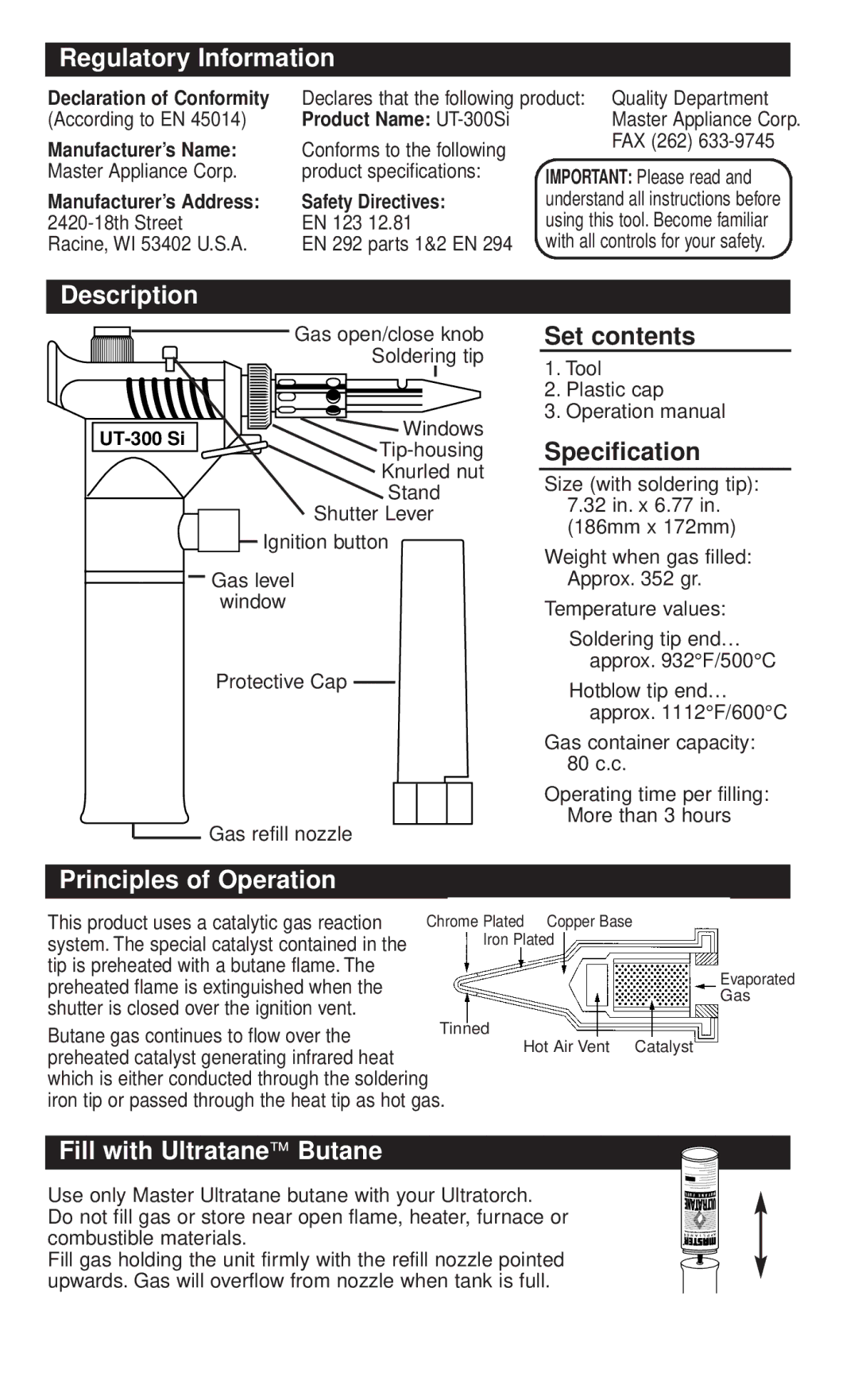 Master Appliance UT-300SI Regulatory Information, Description, Principles of Operation, Fill with Ultratane Butane 