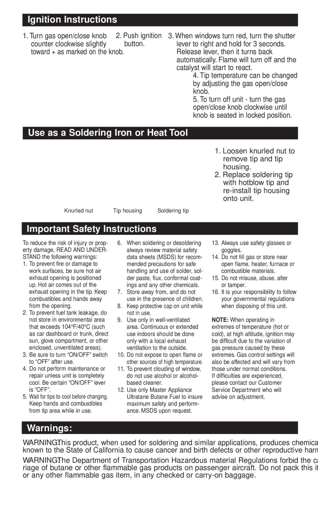 Master Appliance UT-300SI Ignition Instructions, Use as a Soldering Iron or Heat Tool, Important Safety Instructions 