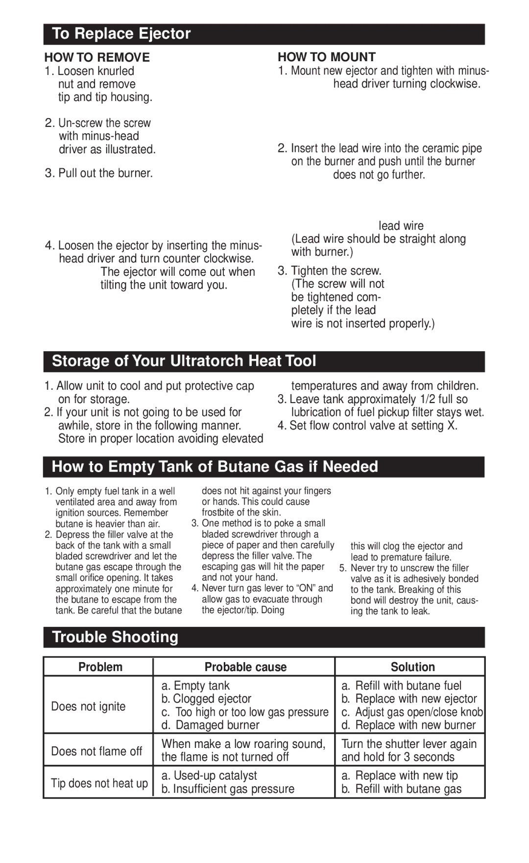 Master Appliance UT-300SI instruction manual To Replace Ejector, Storage of Your Ultratorch Heat Tool, Trouble Shooting 