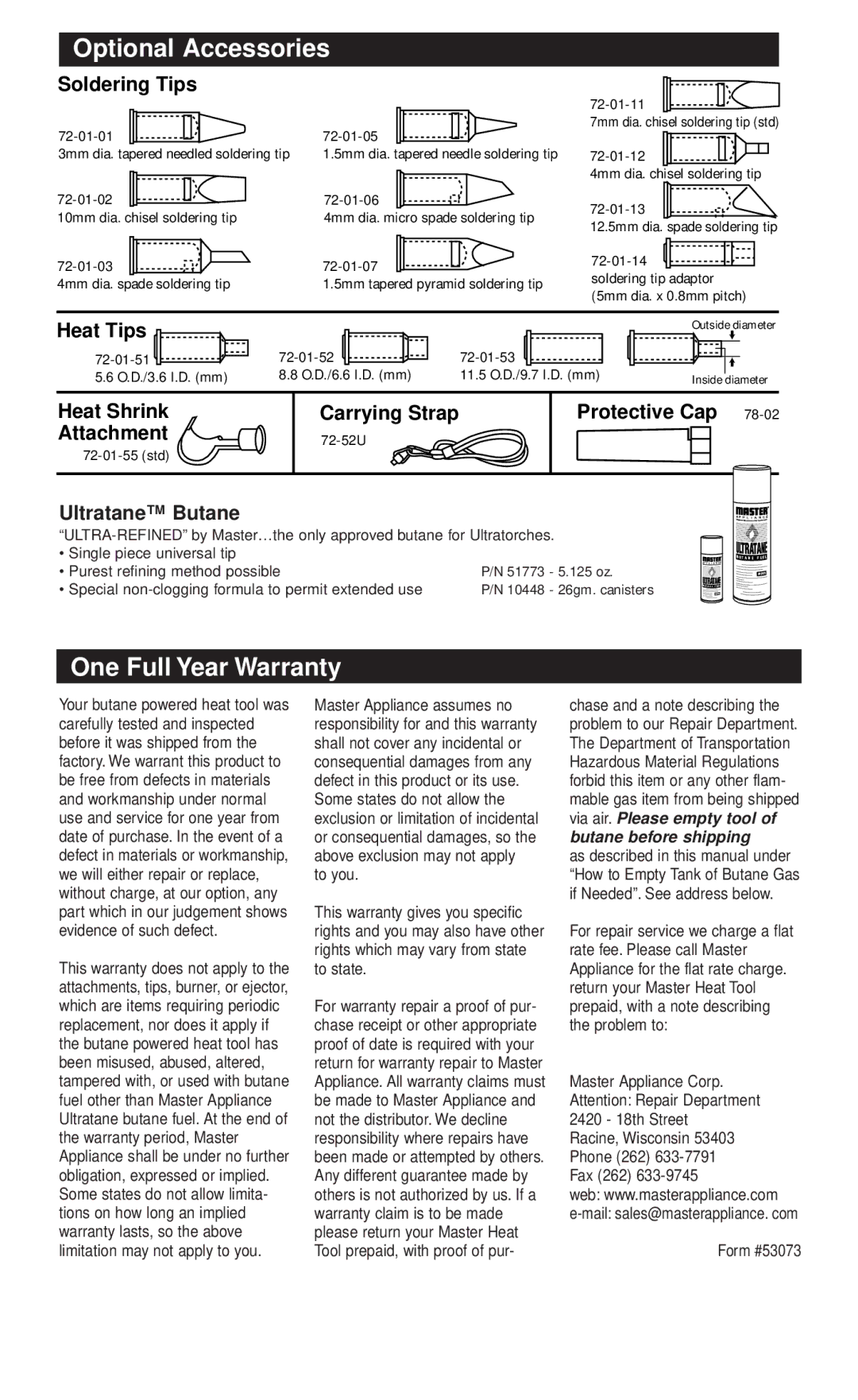 Master Appliance UT-300SI instruction manual Optional Accessories, One Full Year Warranty, Ultratane Butane 