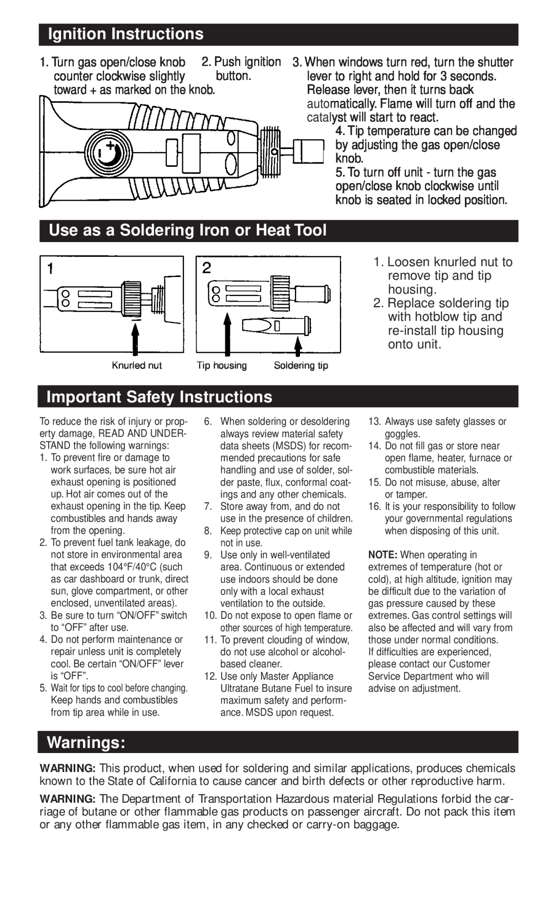 Master Appliance UT-300SI Ignition Instructions, Use as a Soldering Iron or Heat Tool, Important Safety Instructions 