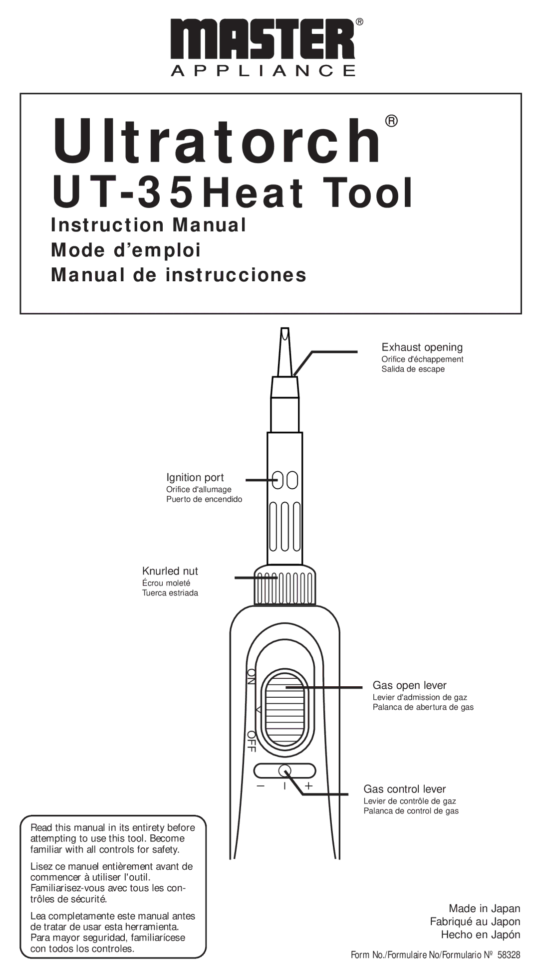 Master Appliance UT-35 instruction manual Ignition port, Knurled nut, Exhaust opening, Gas open lever, Gas control lever 