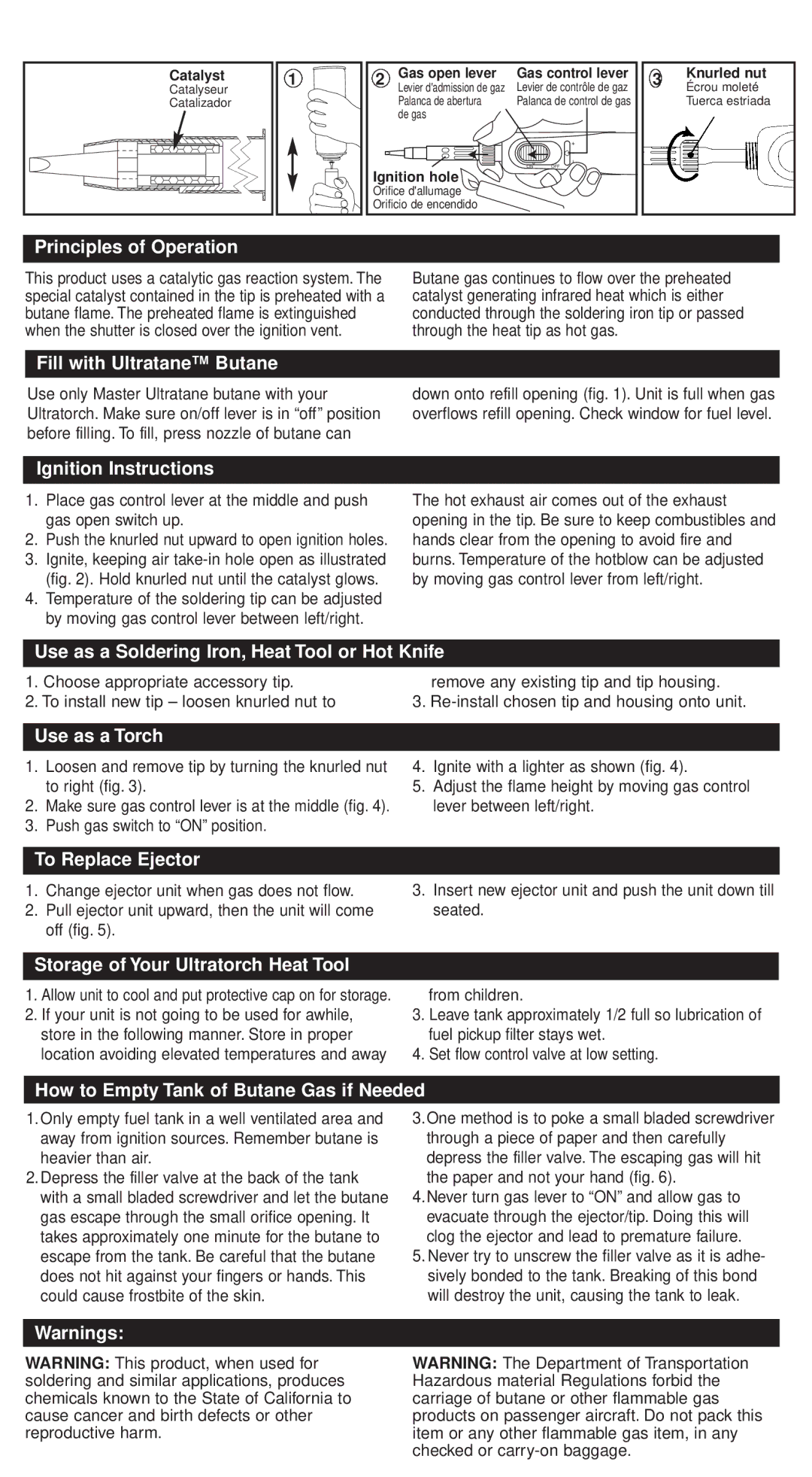 Master Appliance UT-35 Principles of Operation, Fill with Ultratane Butane, Ignition Instructions, Use as a Torch 