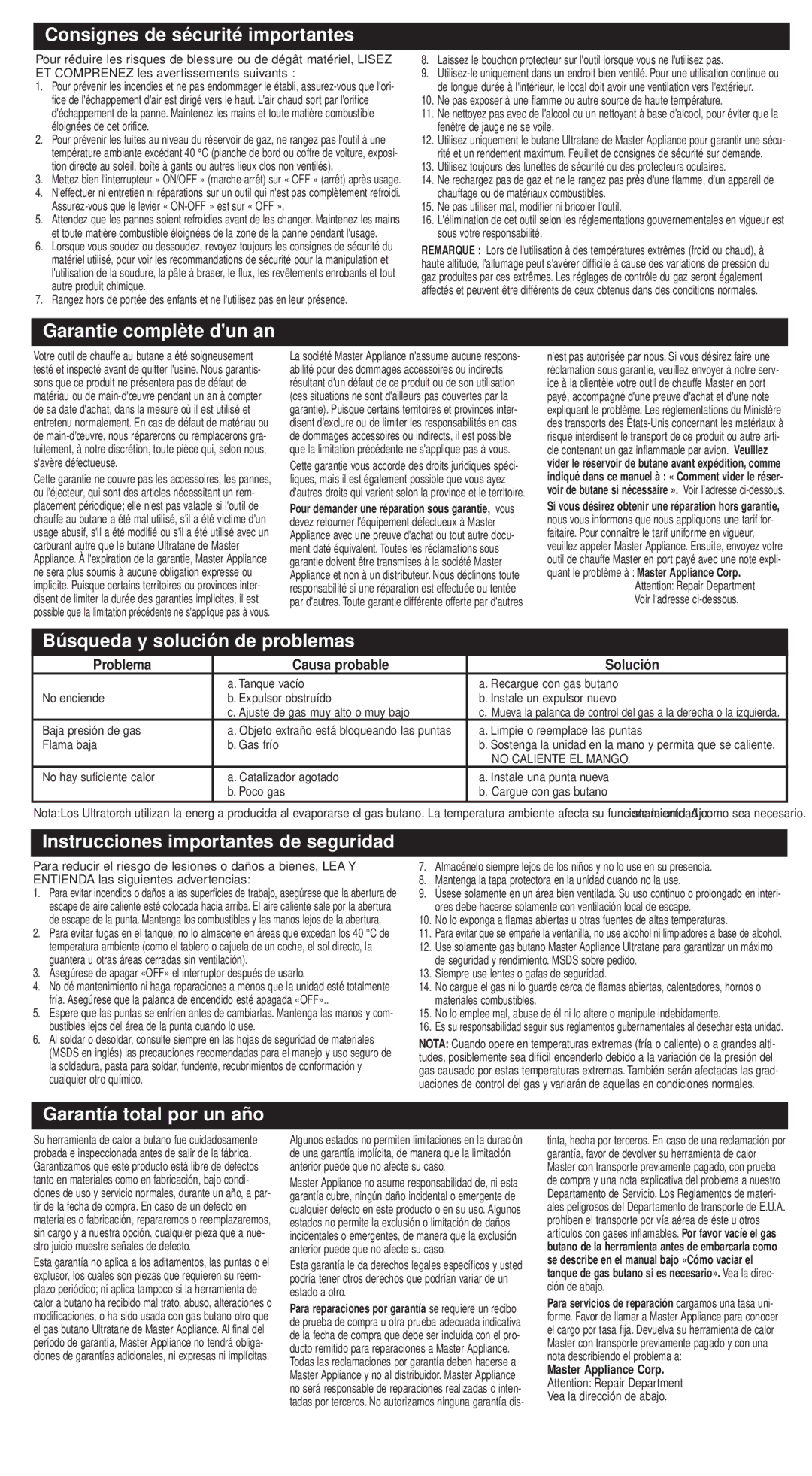 Master Appliance UT-35 Consignes de sécurité importantes, Garantie complète dun an, Búsqueda y solución de problemas 