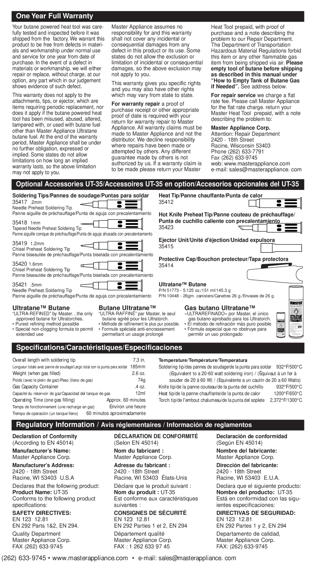 Master Appliance UT-35 instruction manual One Year Full Warranty, Specifications/Caractéristiques/Especificaciones 