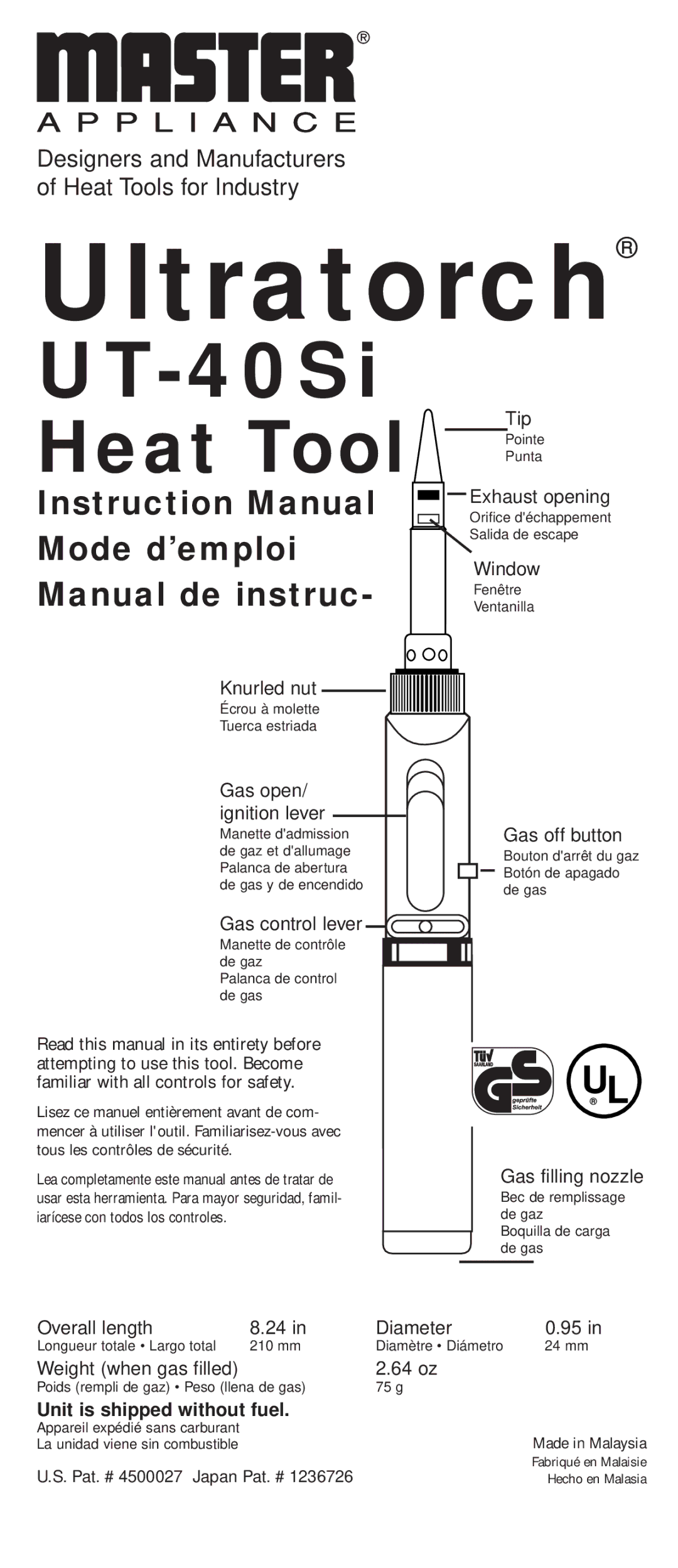 Master Appliance UT-40Si instruction manual Unit is shipped without fuel 