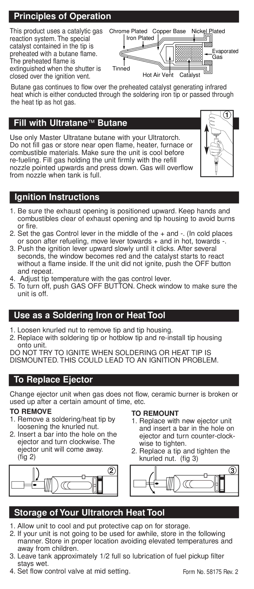 Master Appliance UT-40Si Principles of Operation, Fill with Ultratane Butane, Ignition Instructions, To Replace Ejector 