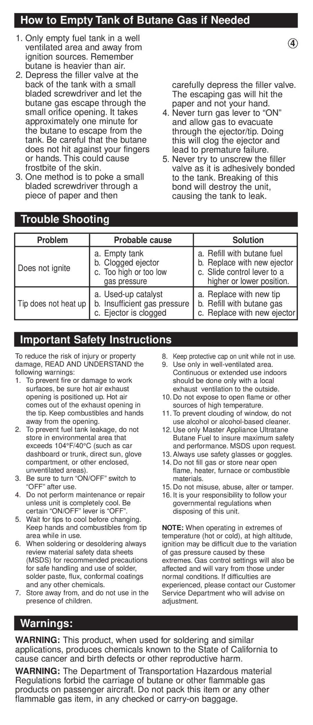 Master Appliance UT-40Si How to Empty Tank of Butane Gas if Needed, Trouble Shooting, Important Safety Instructions 