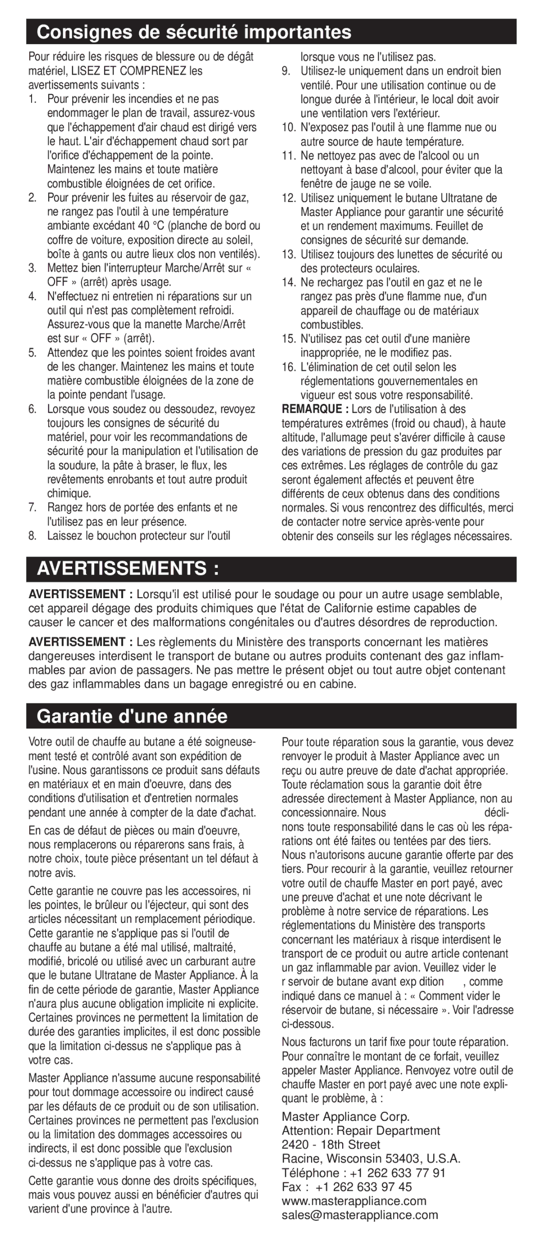 Master Appliance UT-40Si instruction manual Consignes de sécurité importantes, Avertissements, Garantie dune année 