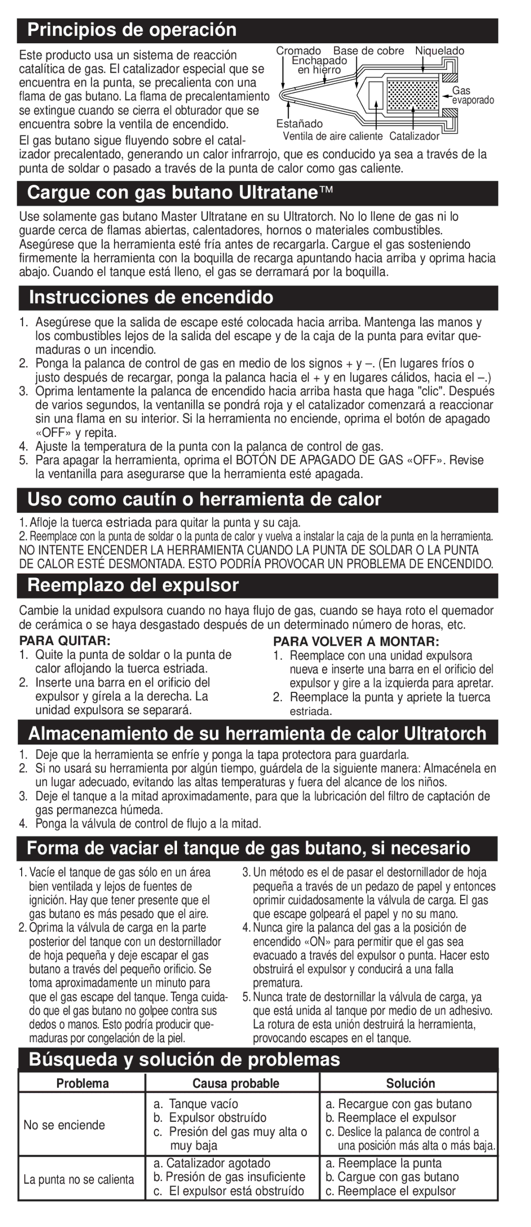 Master Appliance UT-40Si Principios de operación, Cargue con gas butano Ultratane, Instrucciones de encendido 