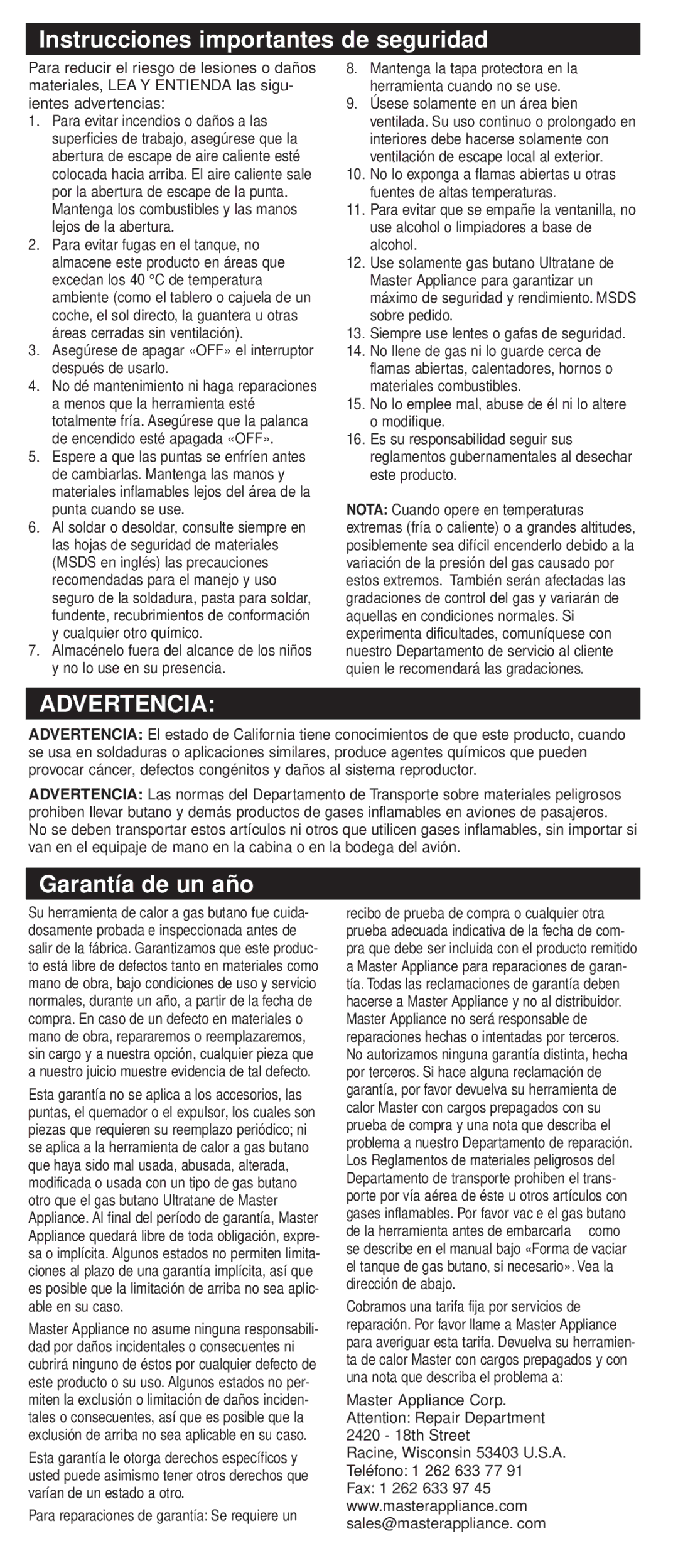 Master Appliance UT-40Si instruction manual Instrucciones importantes de seguridad, Advertencia, Garantía de un año 