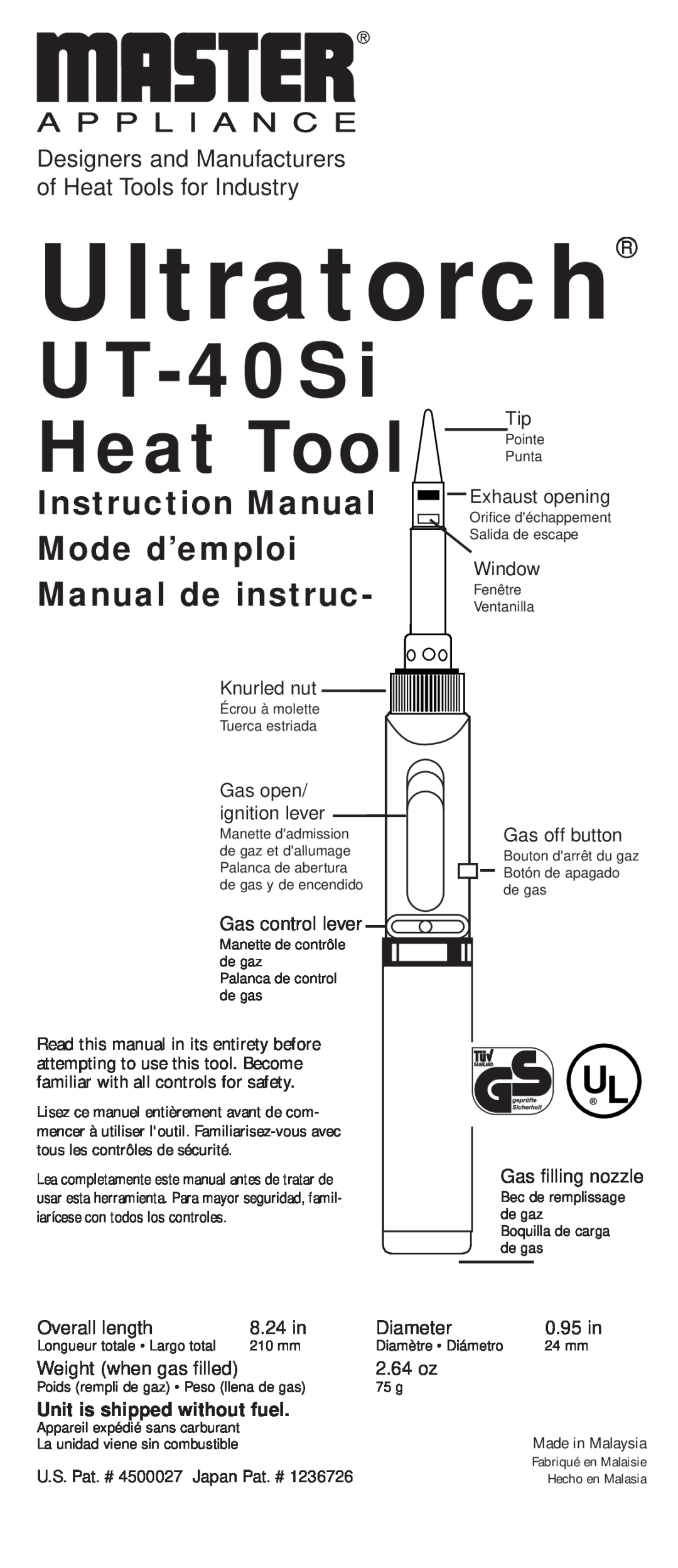 Master Appliance UT-40Si instruction manual Unit is shipped without fuel, Heat Tool 