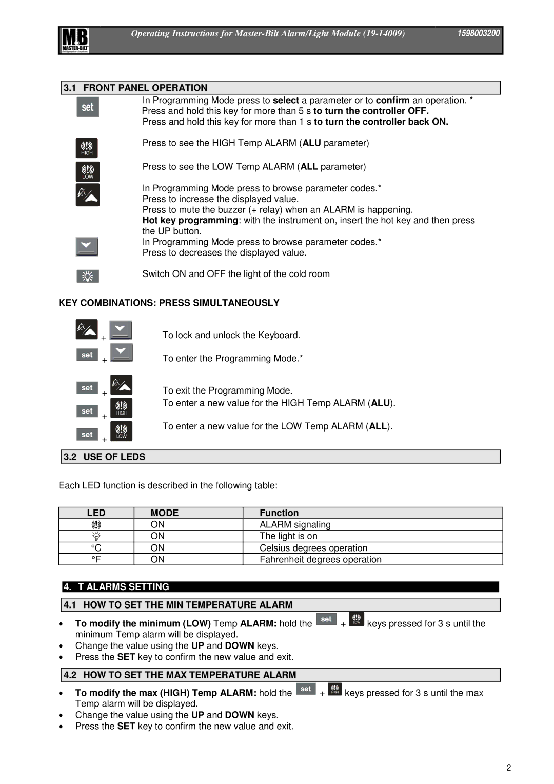 Master Bilt 19-14009 manual Alarms Setting 