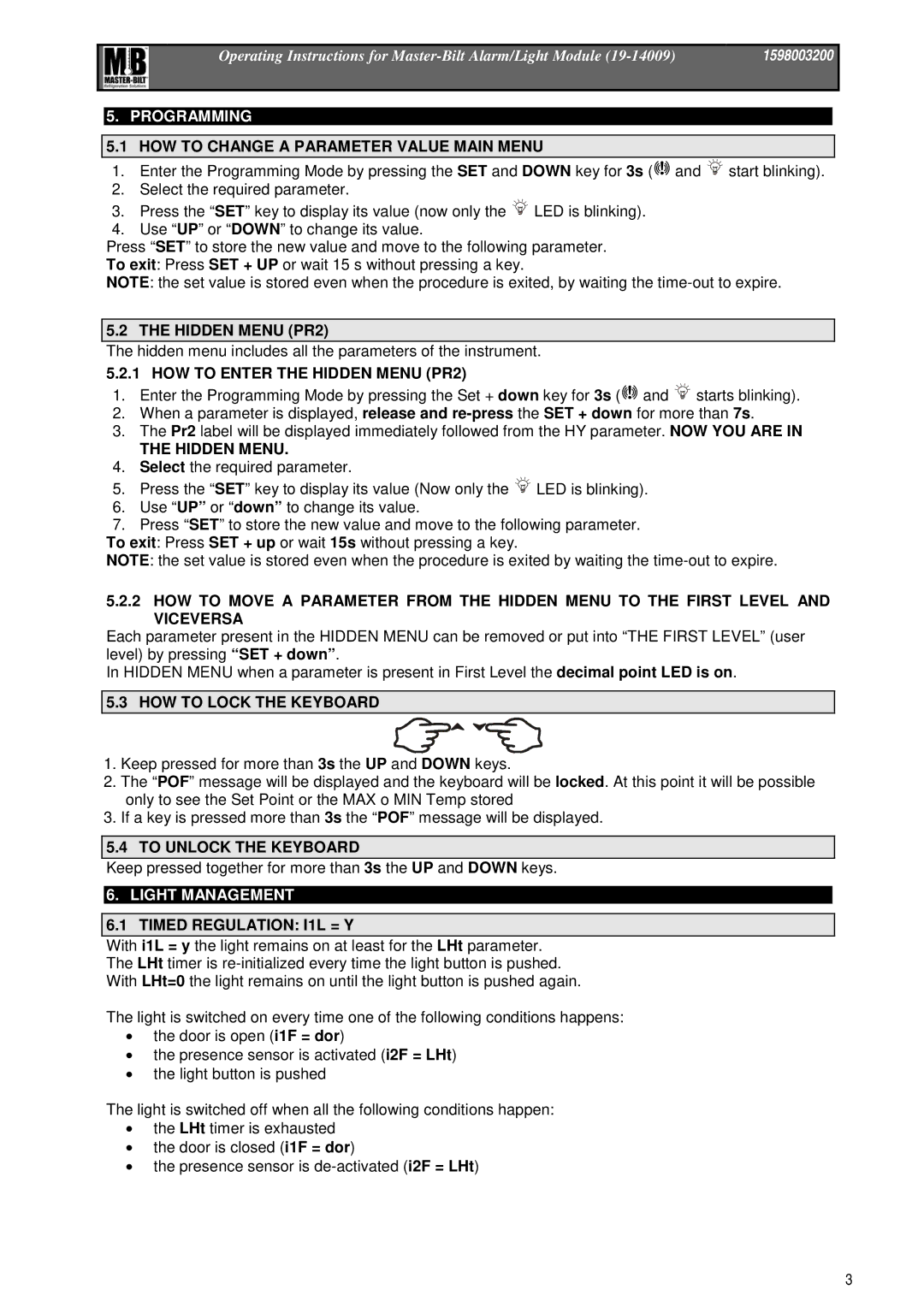 Master Bilt 19-14009 manual Programming, Light Management 