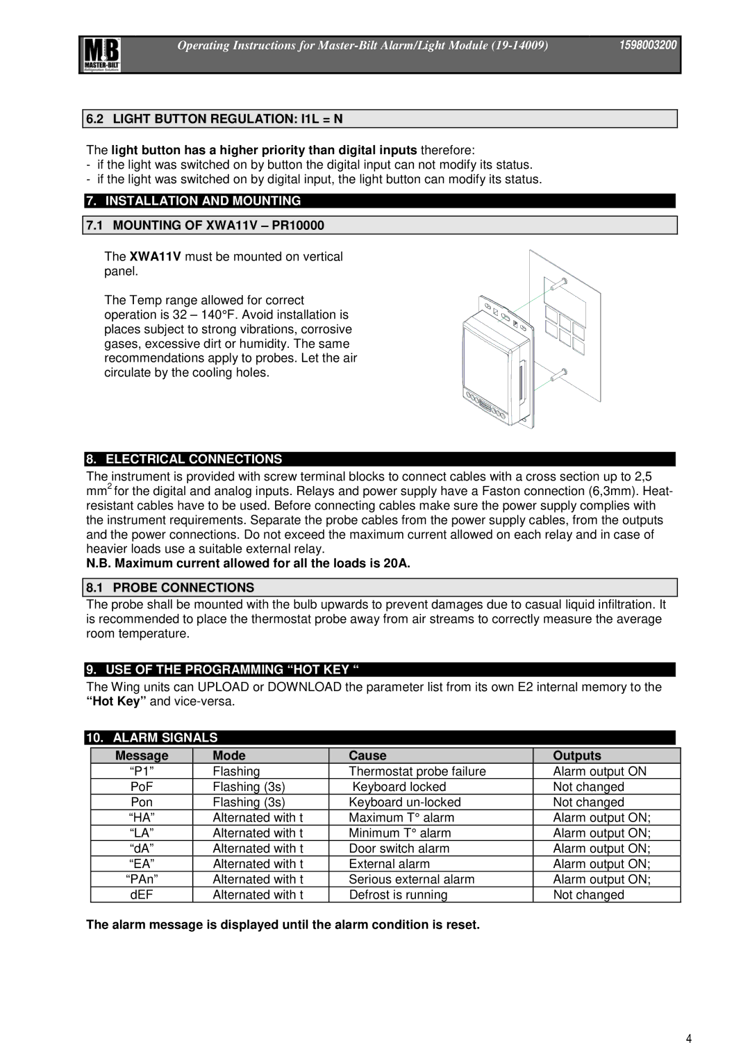 Master Bilt 19-14009 manual Installation and Mounting 7.1 Mounting of XWA11V PR10000, Electrical Connections, Alarm Signals 