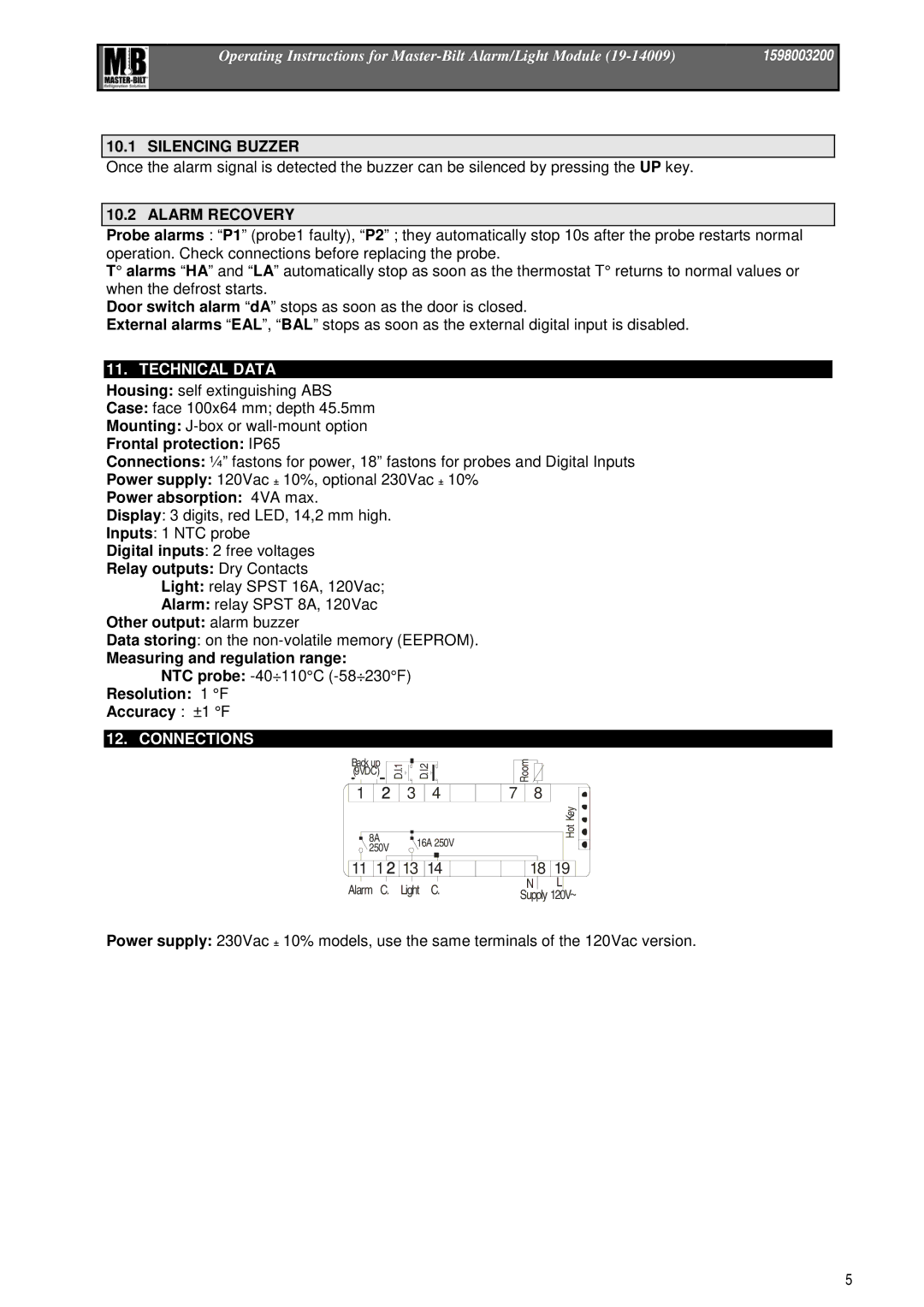 Master Bilt 19-14009 manual Silencing Buzzer, Alarm Recovery, Technical Data, Connections 