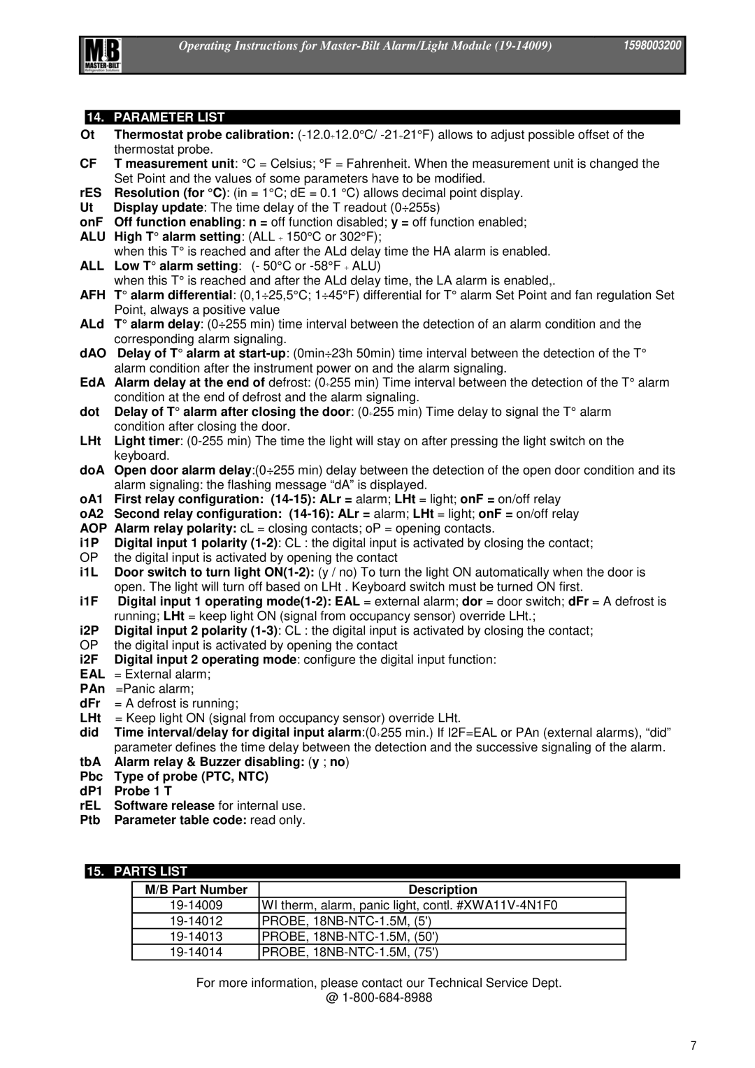 Master Bilt 19-14009 manual Parameter List, Eal, Parts List 