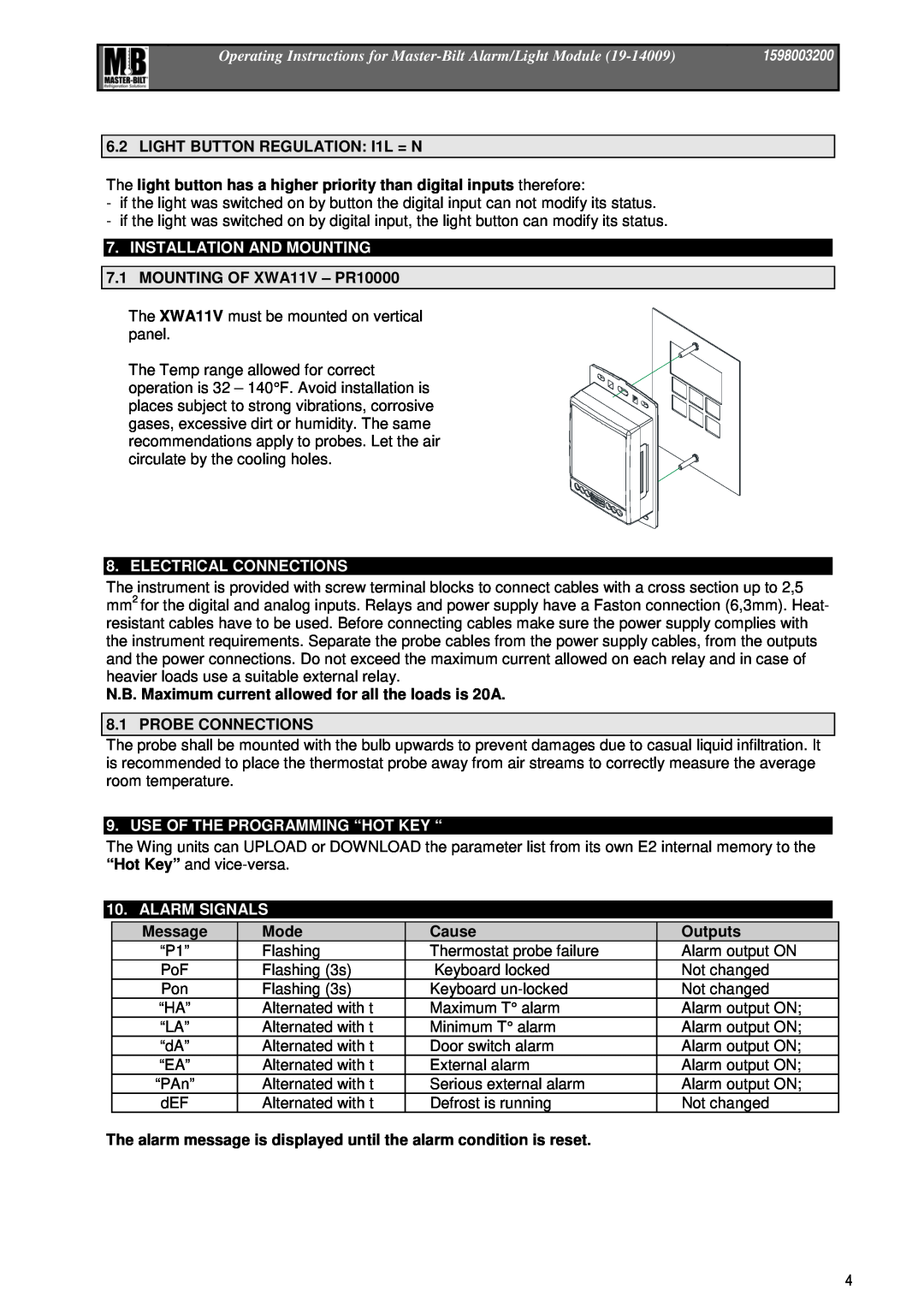 Master Bilt 19-14009 LIGHT BUTTON REGULATION I1L = N, Electrical Connections, Probe Connections, Alarm Signals, Message 