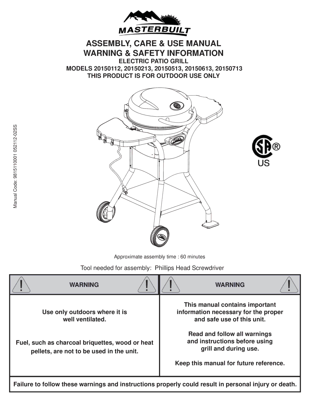 Master Bilt 20150713, 20150213, 20150513, 20150112, 20150613 manual ASSEMBLY, Care & USE Manual 