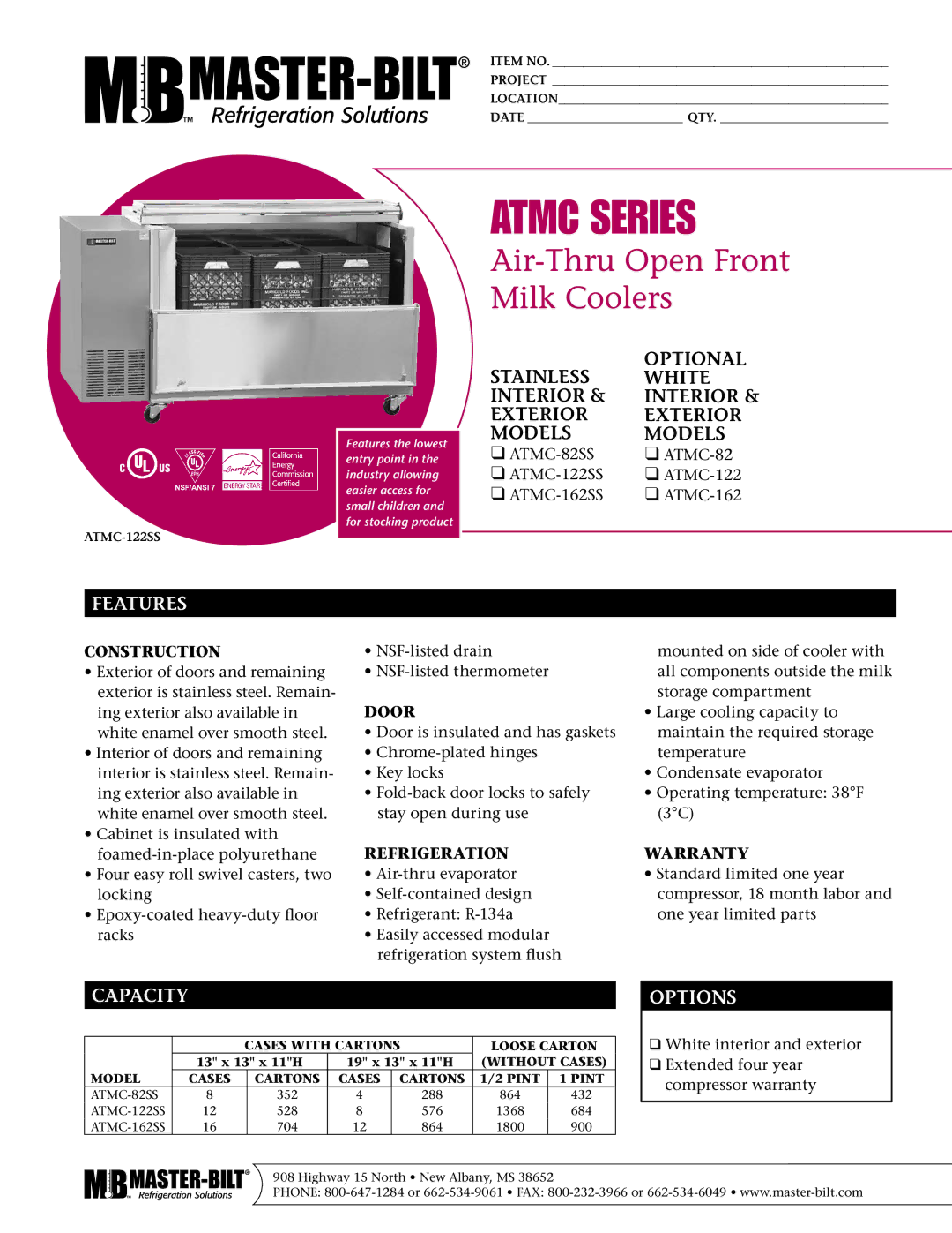 Master Bilt ATMC-122SS, ATMC-82SS, ATMC-162SS warranty Features, Capacity, Options 