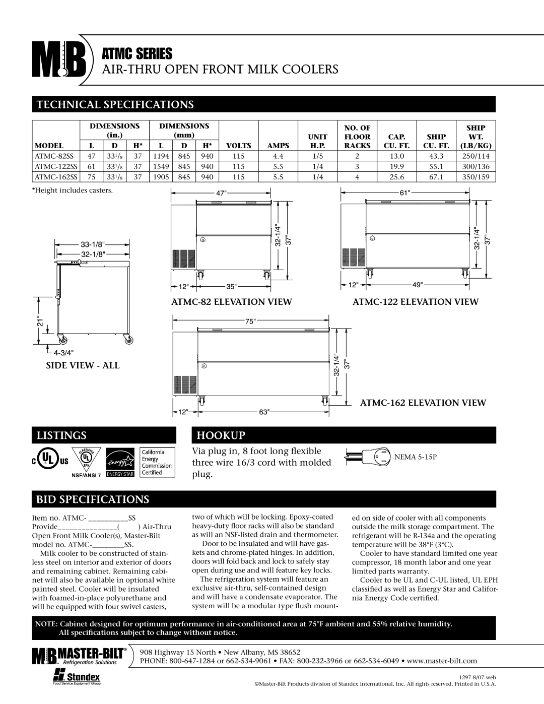 Master Bilt ATMC-162SS, ATMC-82SS, ATMC-122SS warranty Technical Specifications, Listings Hookup, BID Specifications 