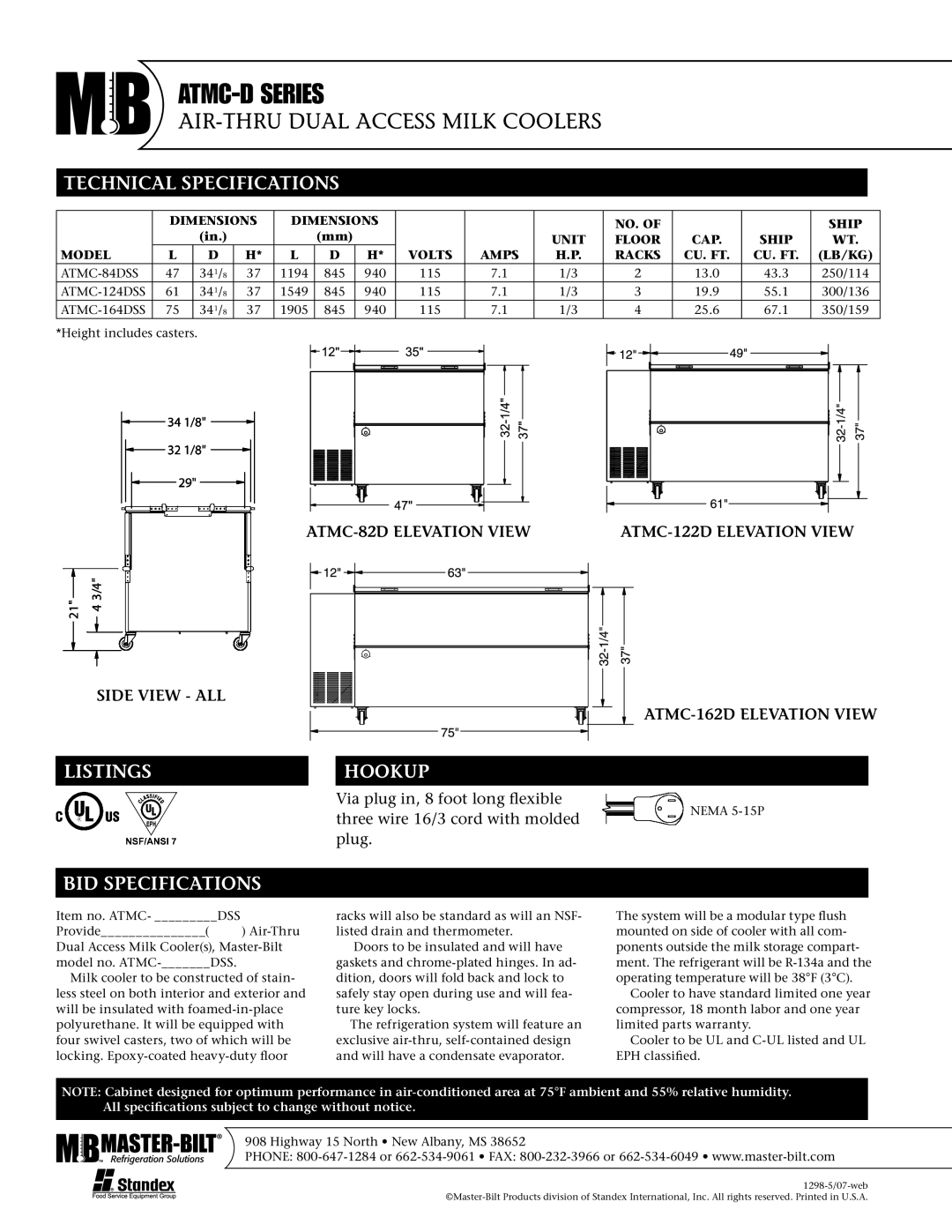 Master Bilt ATMC-164DSS, ATMC-84DSS, ATMC-124DSS warranty Technical Specifications, Listings Hookup, BID Specifications 