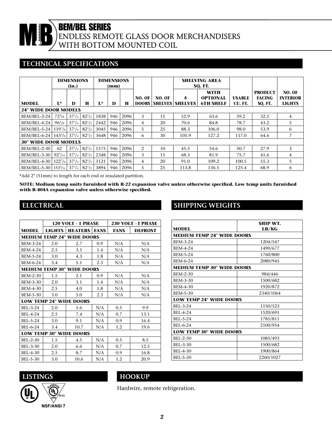 Master Bilt BEM-4-24, BEL-5-24, BEL-4-30, BEM-3-30 Technical Specifications, Electrical Shipping Weights, Listings Hookup 