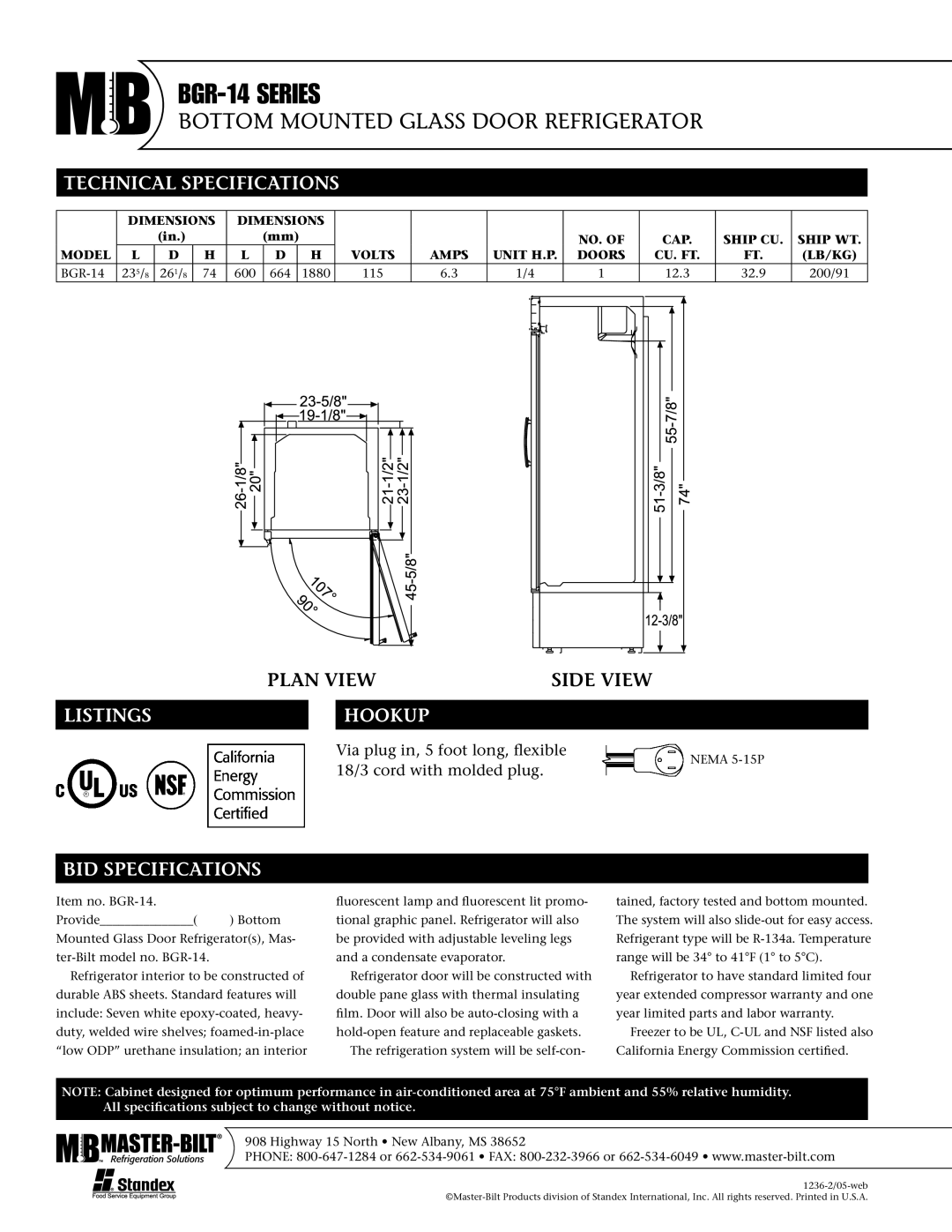 Master Bilt BGR-14 warranty Technical Specifications, Listings Hookup, BID Specifications 