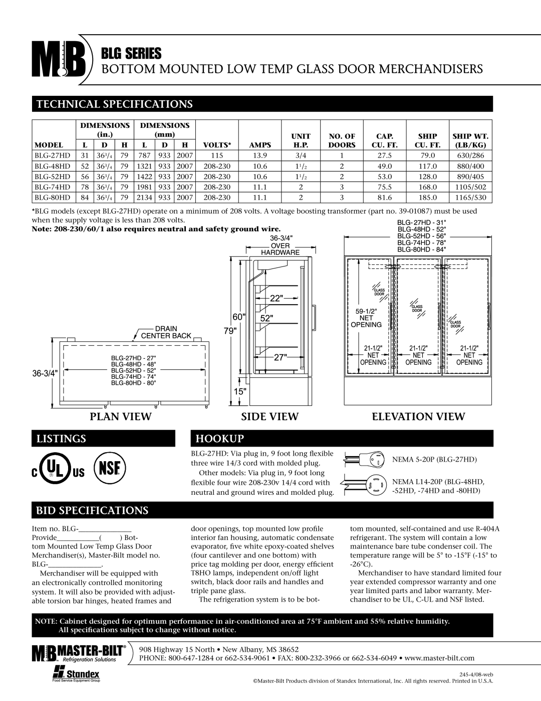 Master Bilt BLG-80HD, BLG-27HD, BLG-52HD, BLG-74HD warranty Technical Specifications, Listings, Hookup, BID Specifications 