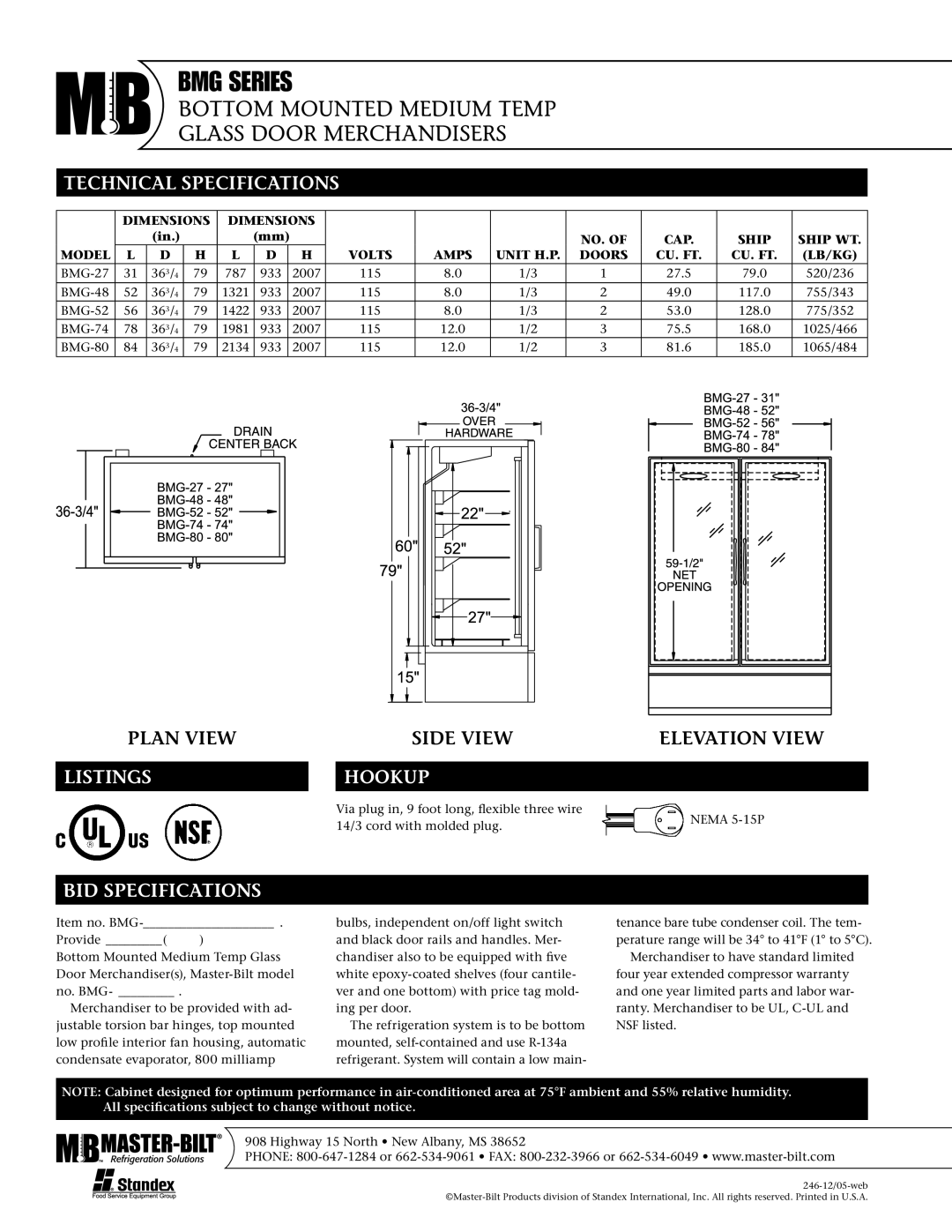 Master Bilt BMG-74, BMG-52, BMG-80, BMG-48, BMG-27 warranty Technical Specifications, Listings, Hookup, BID Specifications 