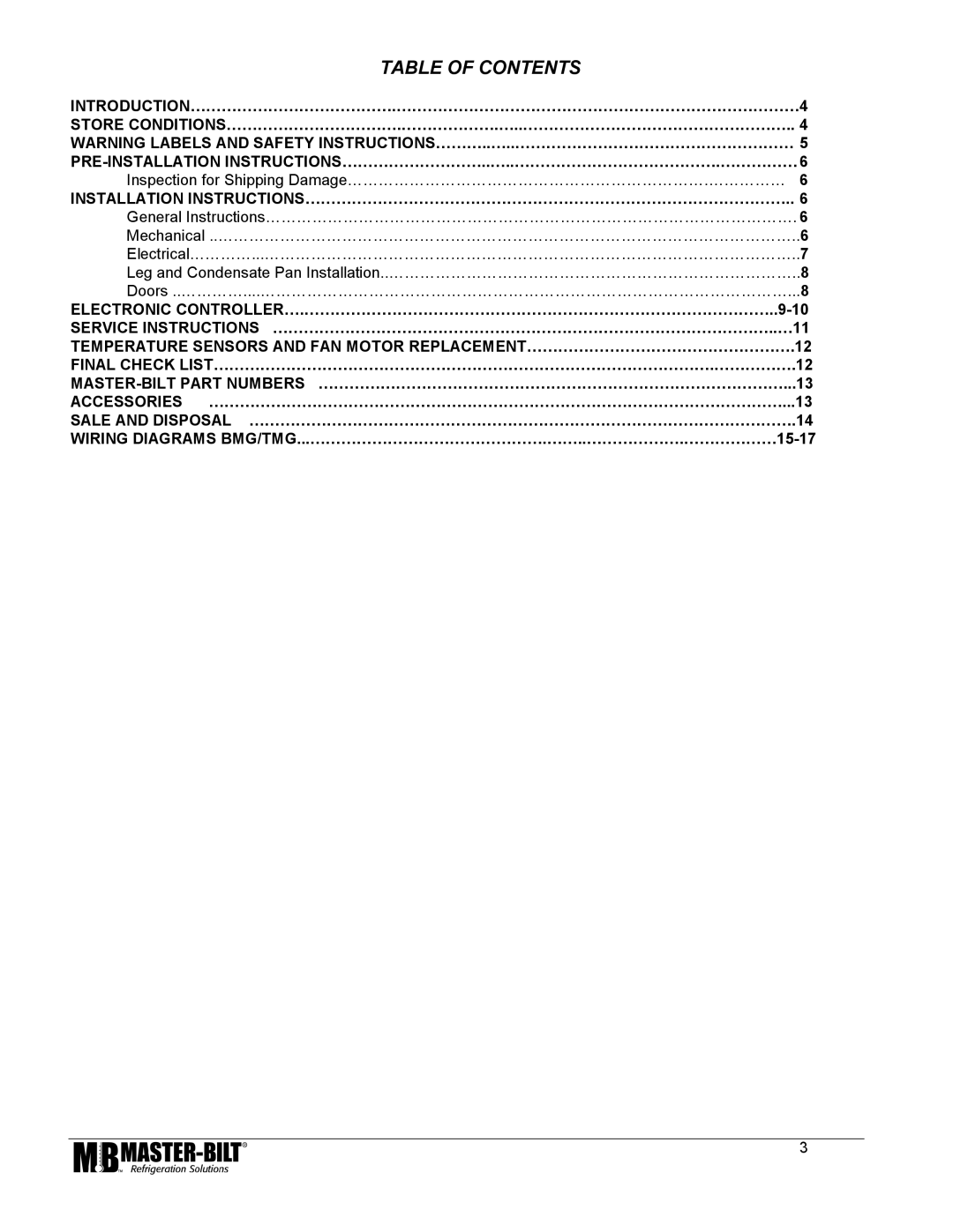 Master Bilt 74, BMG/TMG 27, 80, 48, 52 manual Table of Contents 