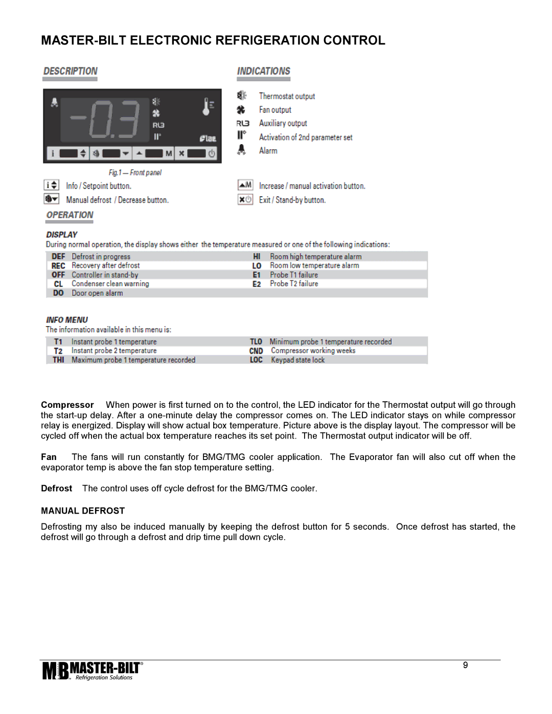 Master Bilt 52, BMG/TMG 27, 80, 48, 74 manual MASTER-BILT Electronic Refrigeration Control, Manual Defrost 