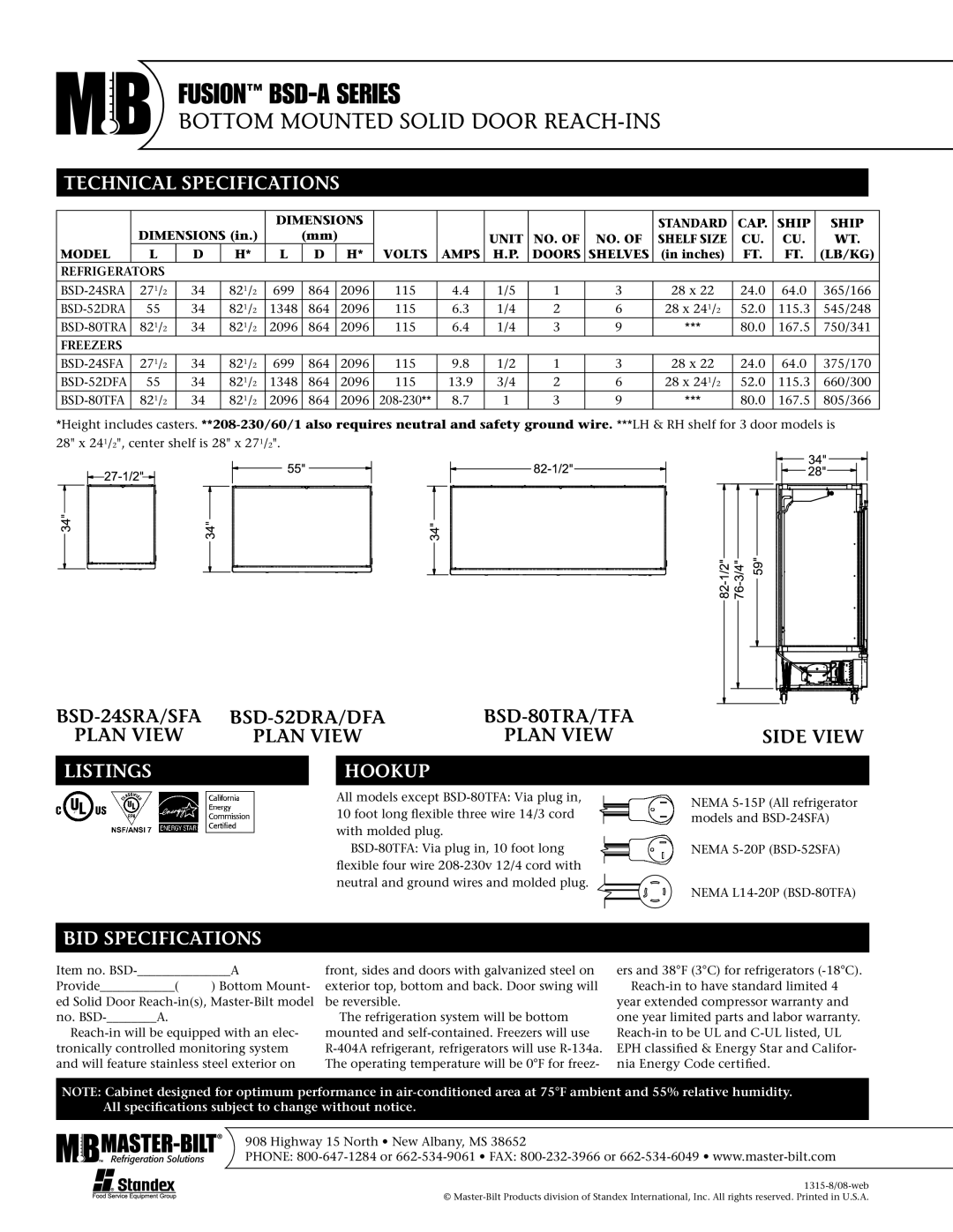 Master Bilt BSD-80TFA, BSD-24SFA, BSD-24SRA, BSD-52DFA warranty Technical Specifications, Listings Hookup, BID Specifications 