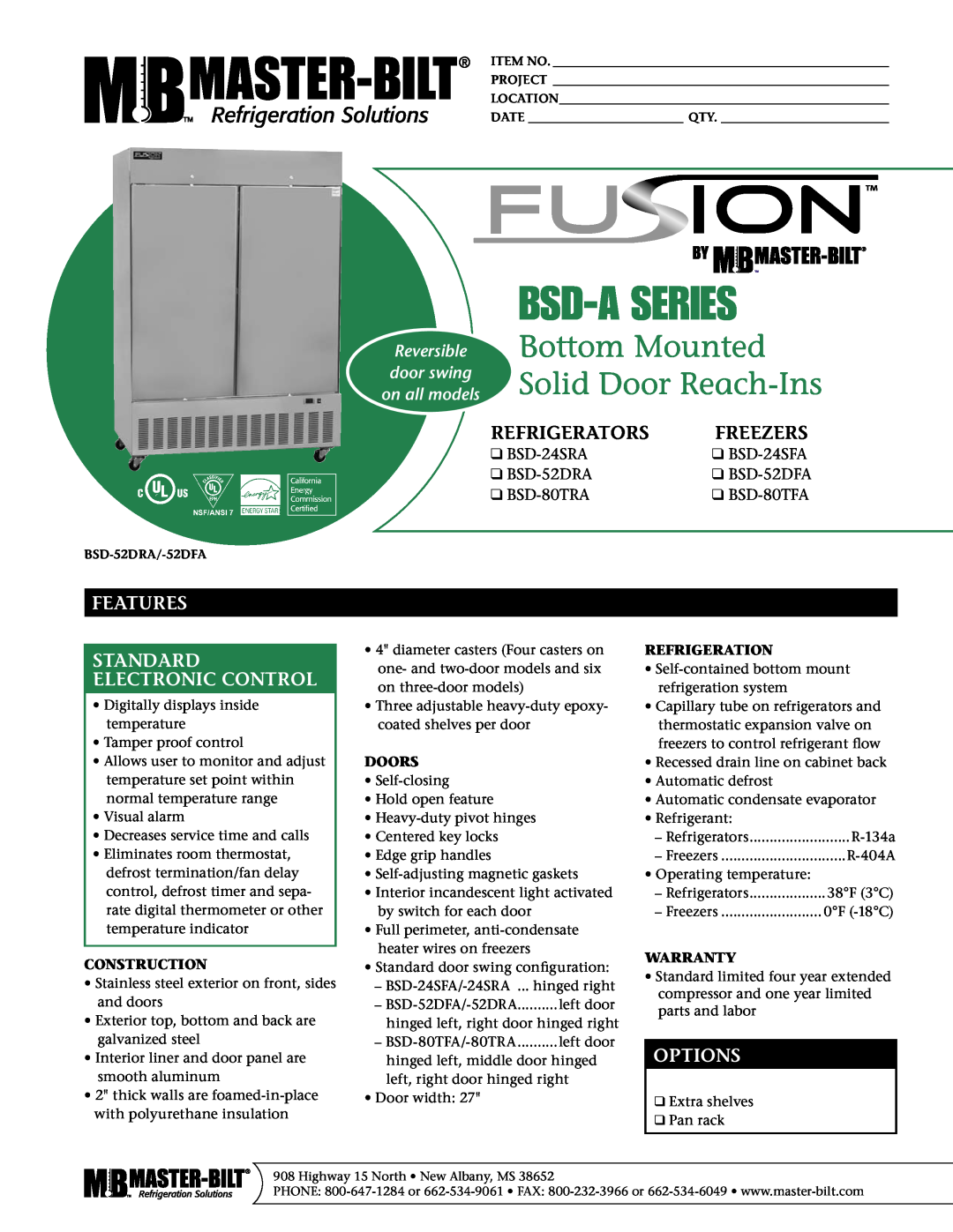 Master Bilt BSD-24SRA warranty Refrigerators, Features Standard Electronic Control, Options, Bsd-A Series, Freezers, Doors 