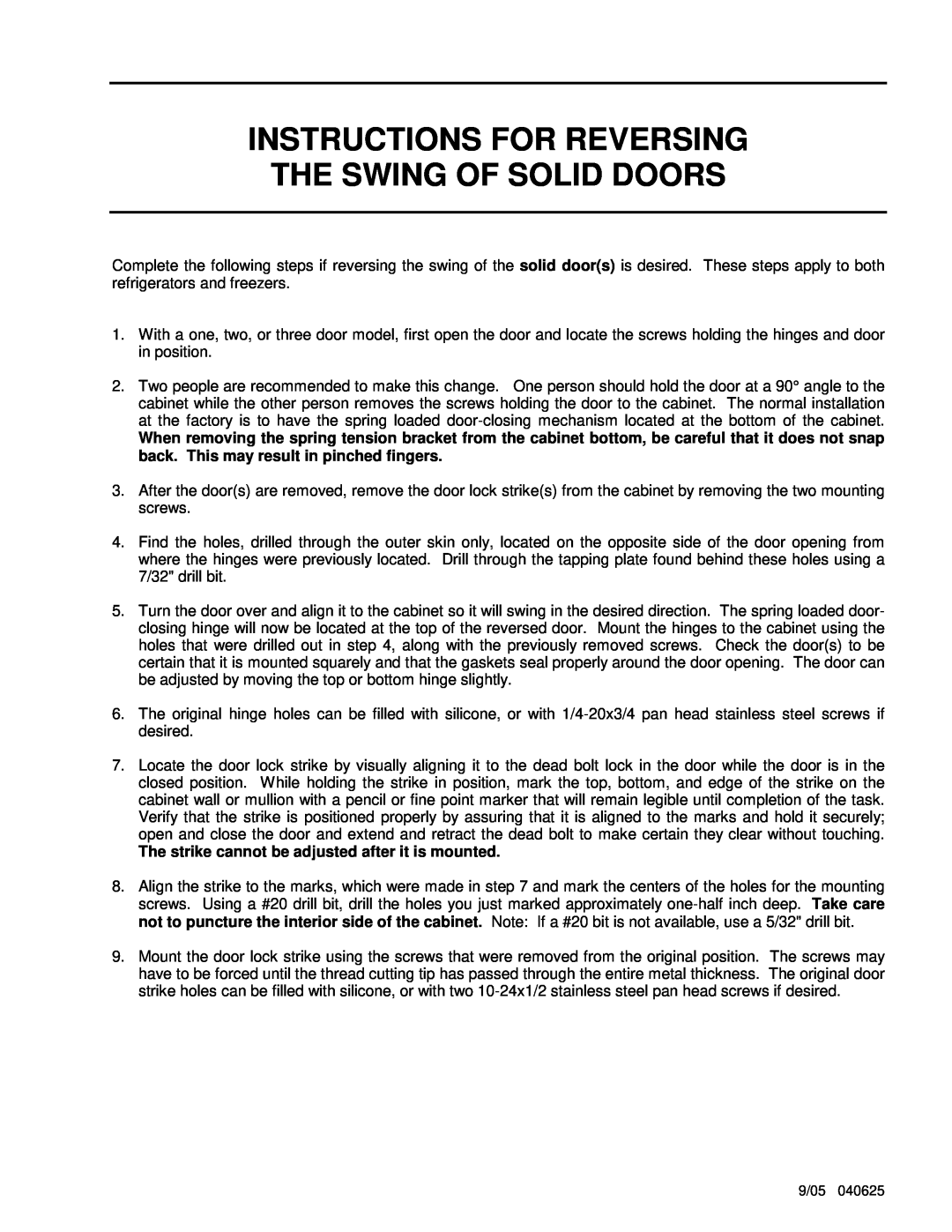 Master Bilt BSD Series manual Instructions For Reversing, The Swing Of Solid Doors 