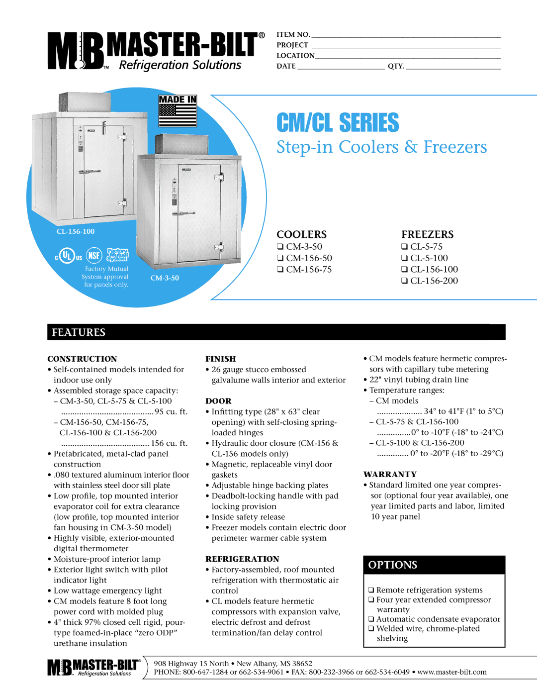 Master Bilt CM/CL Series warranty Features, Options 