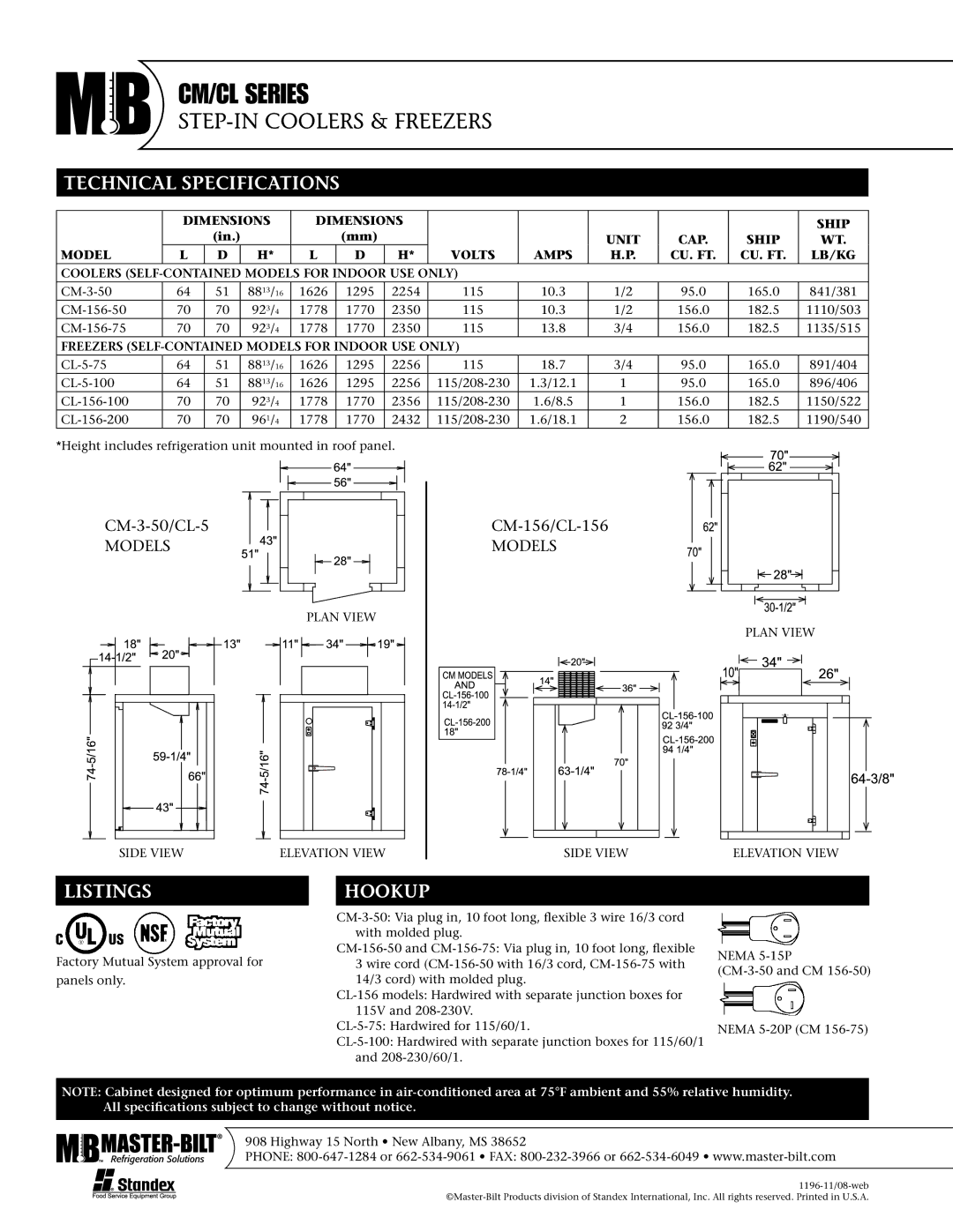 Master Bilt CM/CL Series warranty Technical Specifications, Listings Hookup 