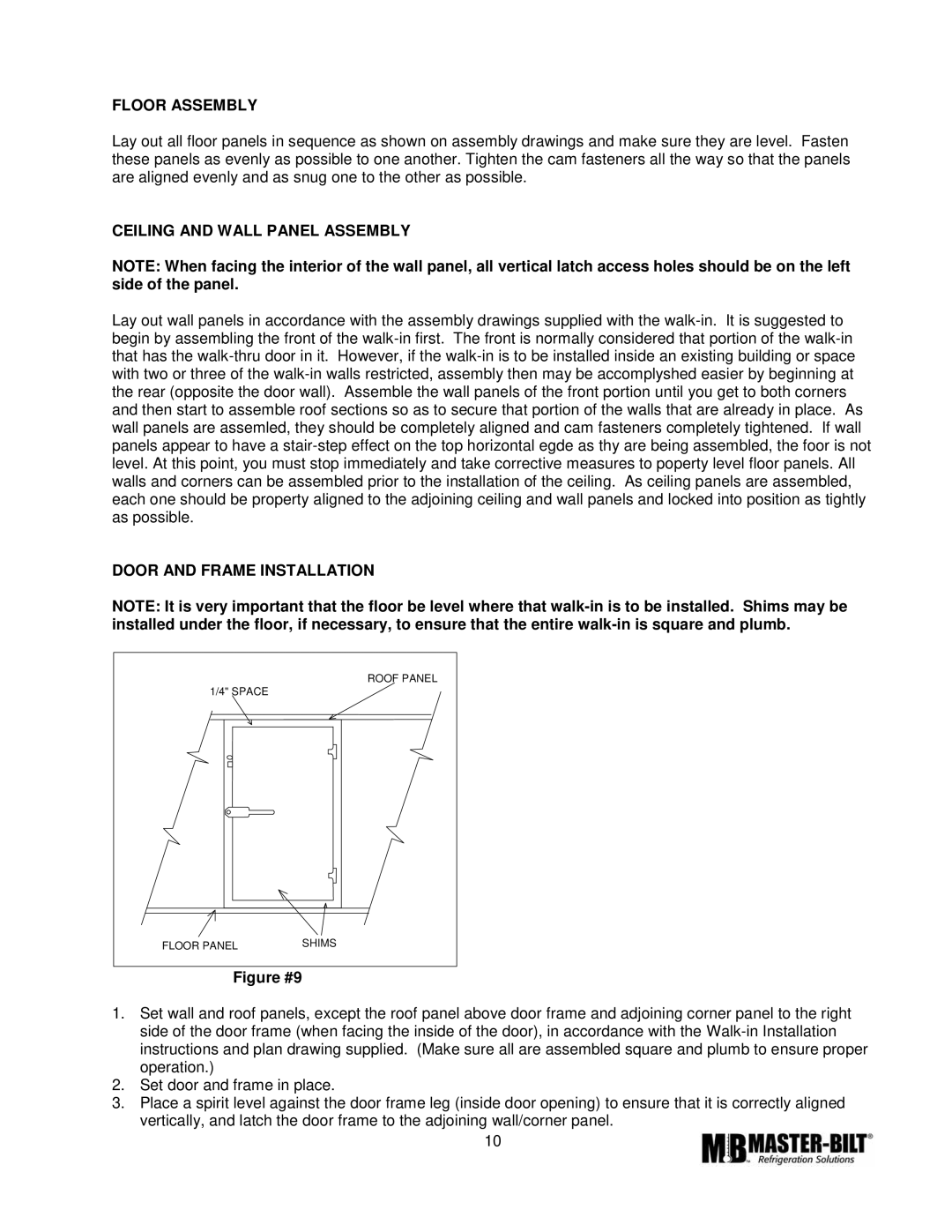 Master Bilt CMICL-156 manual Floor Assembly, Ceiling and Wall Panel Assembly, Door and Frame Installation 