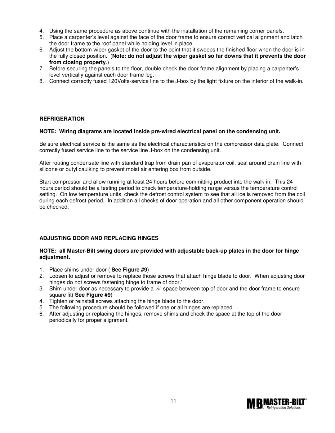 Master Bilt CMICL-156 manual Refrigeration, Adjusting Door and Replacing Hinges 