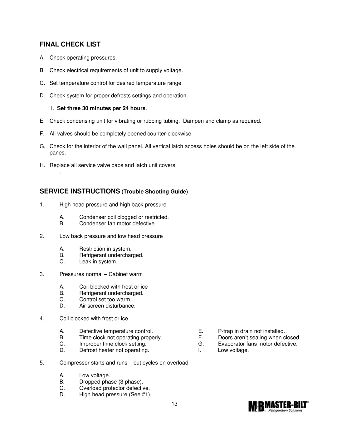 Master Bilt CMICL-156 manual Final Check List, Set three 30 minutes per 24 hours 