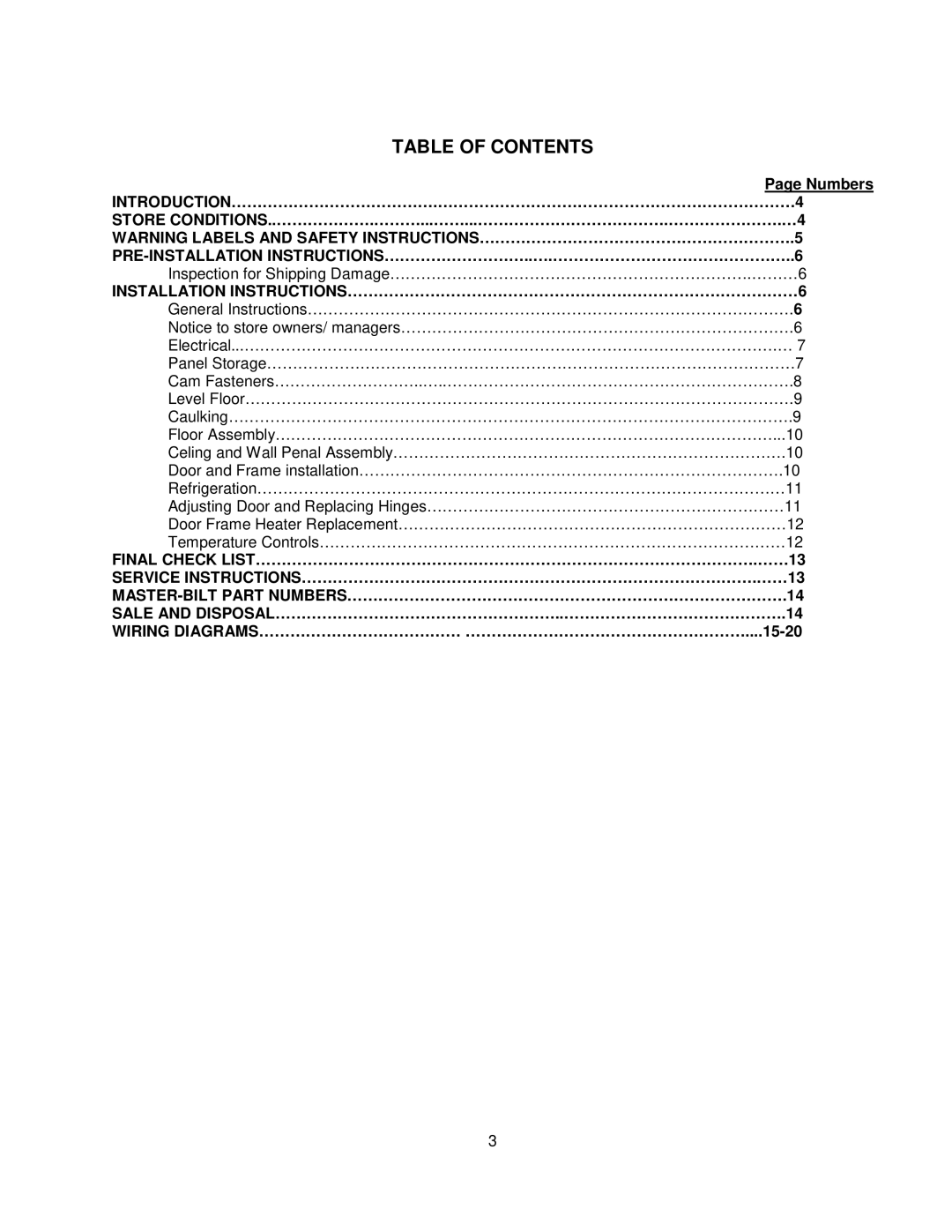 Master Bilt CMICL-156 manual Table of Contents 