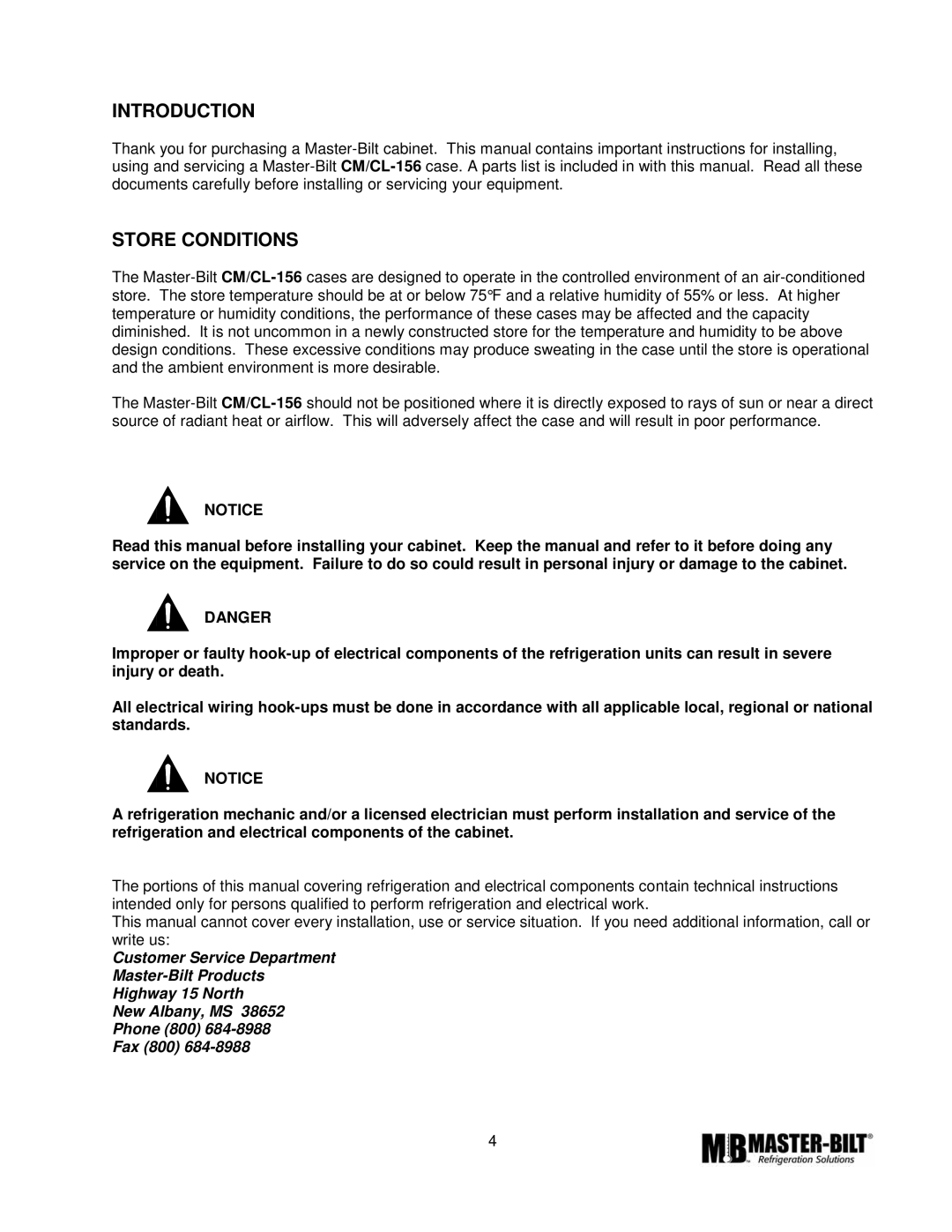 Master Bilt CMICL-156 manual Introduction, Store Conditions 