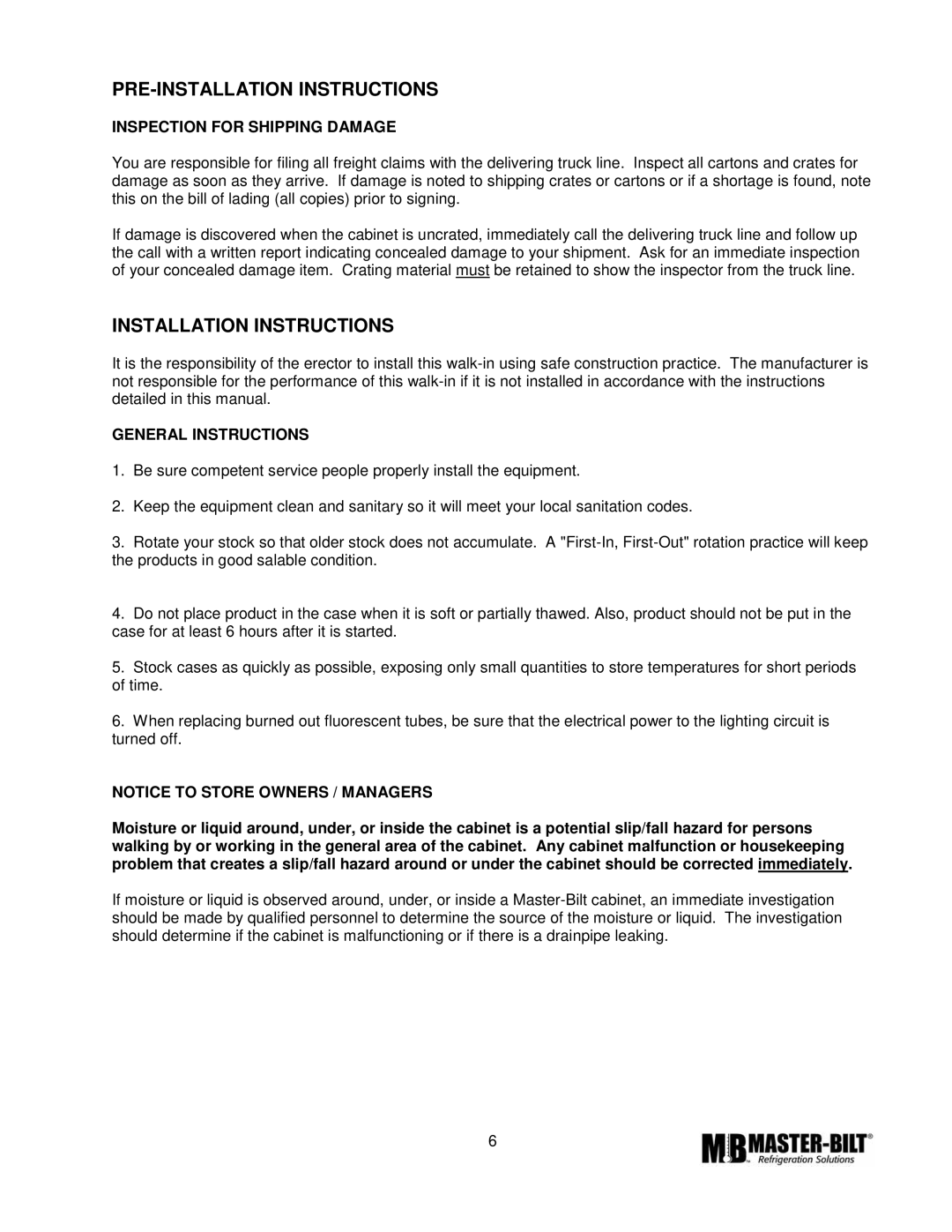 Master Bilt CMICL-156 manual PRE-INSTALLATION Instructions, Installation Instructions, Inspection for Shipping Damage 